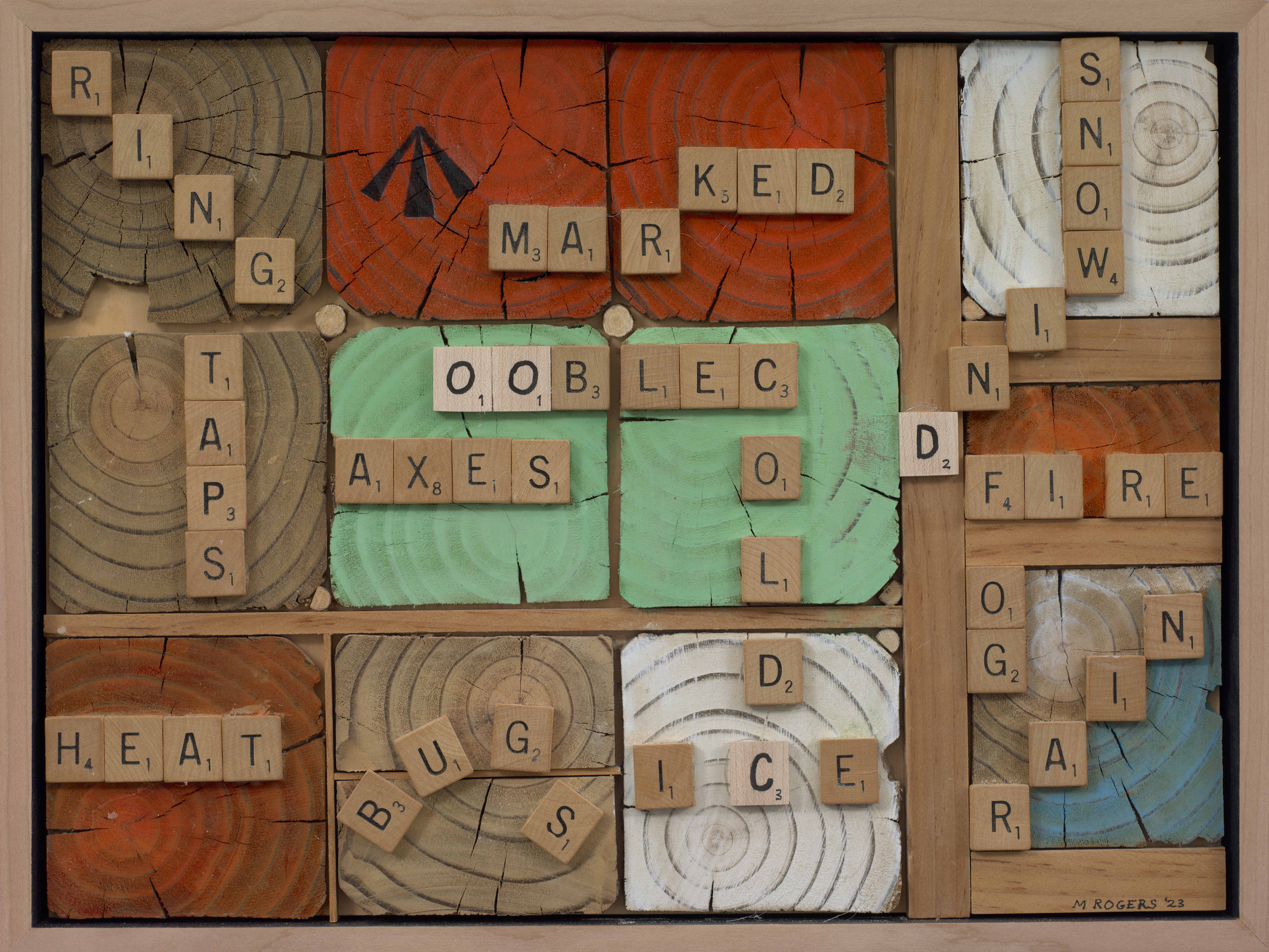 Weather, End Grain & Scrabble, 2023, mixed media, 12 x 15.75 inches