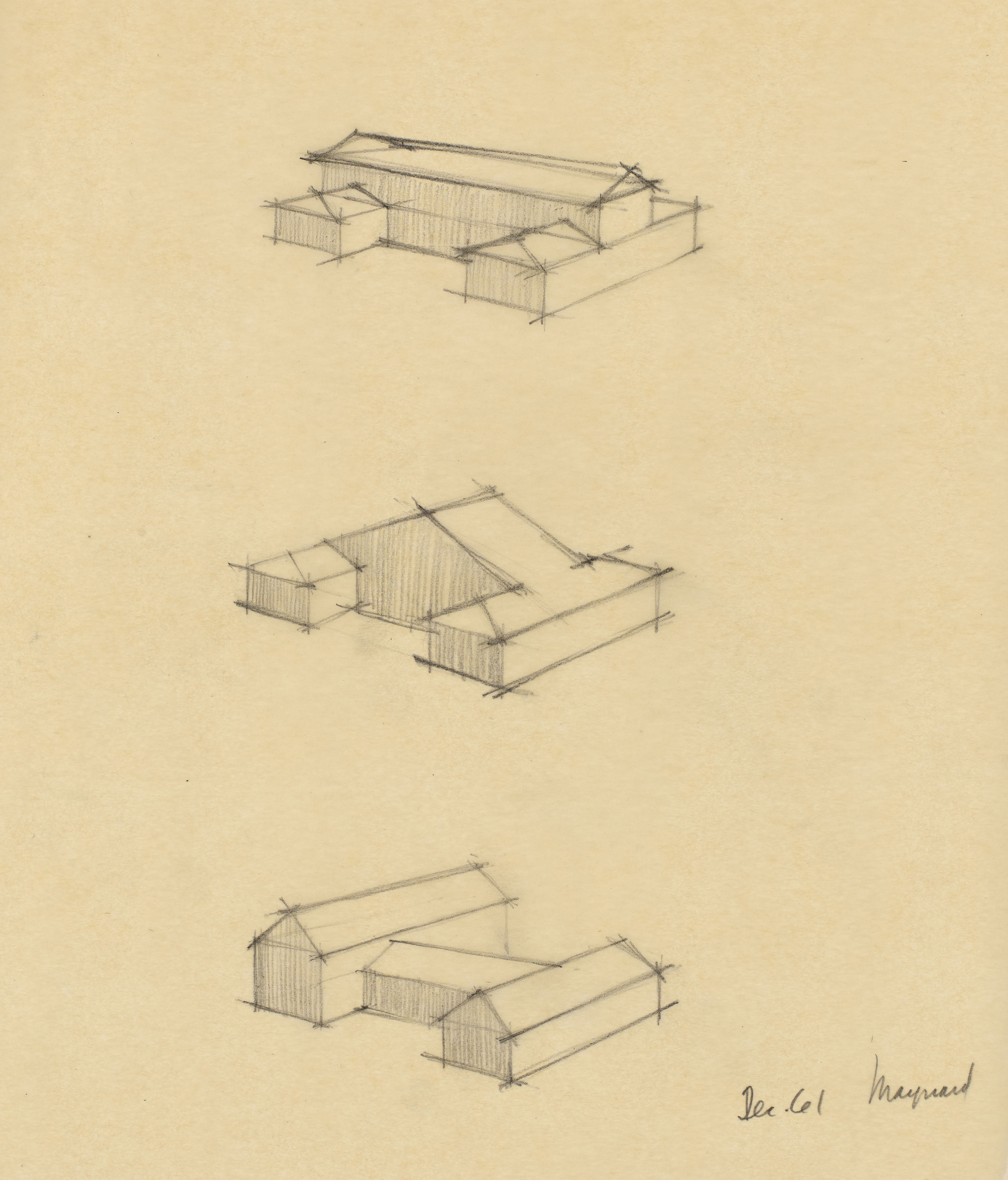 EPM Untitled 3 Perspectives, 1961, graphite on tracing paper, 14 x 14 inches
