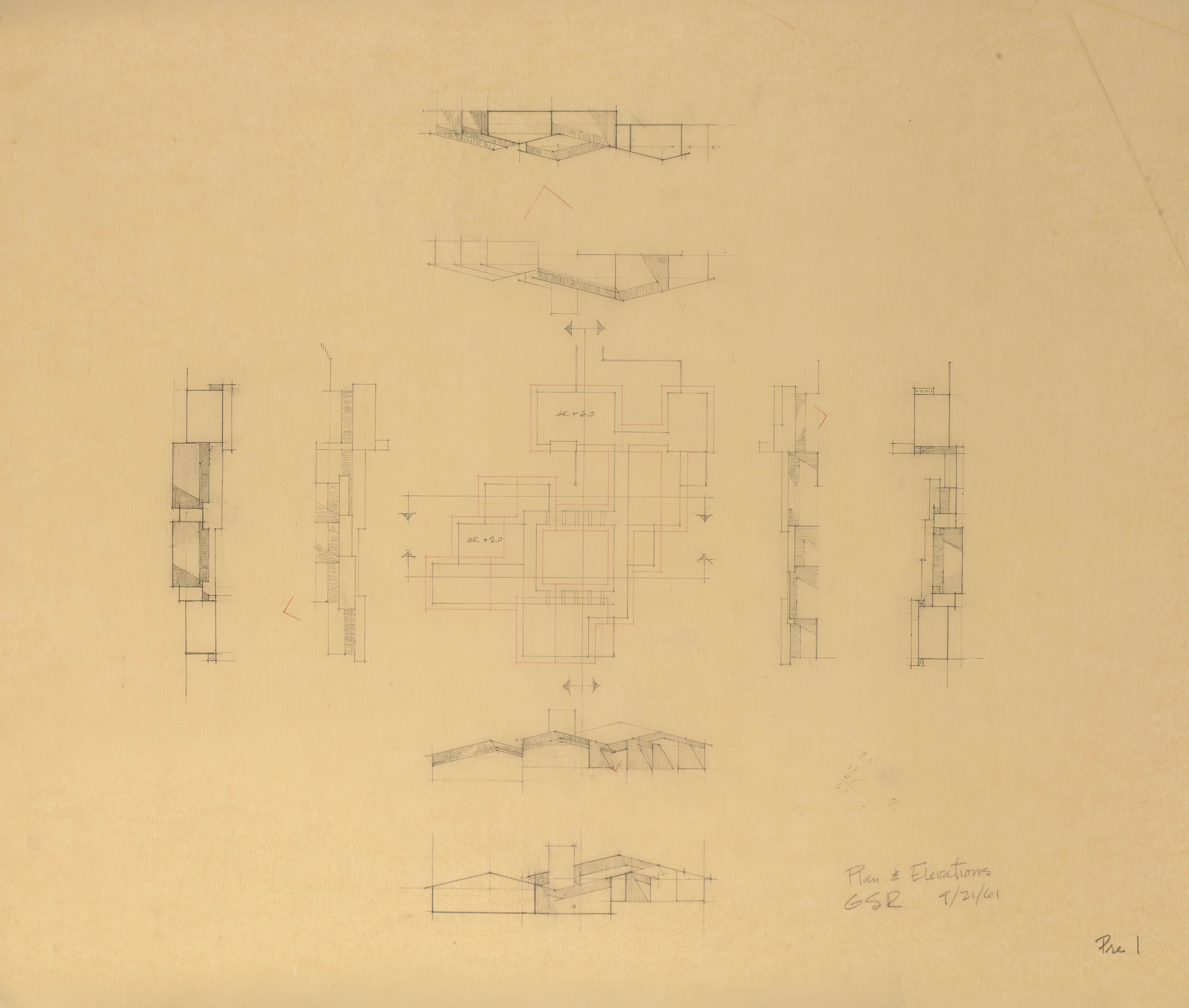 GSR Plan & Elevations Pre 1, 1961, graphite on tracing paper, 21 x  24 inches