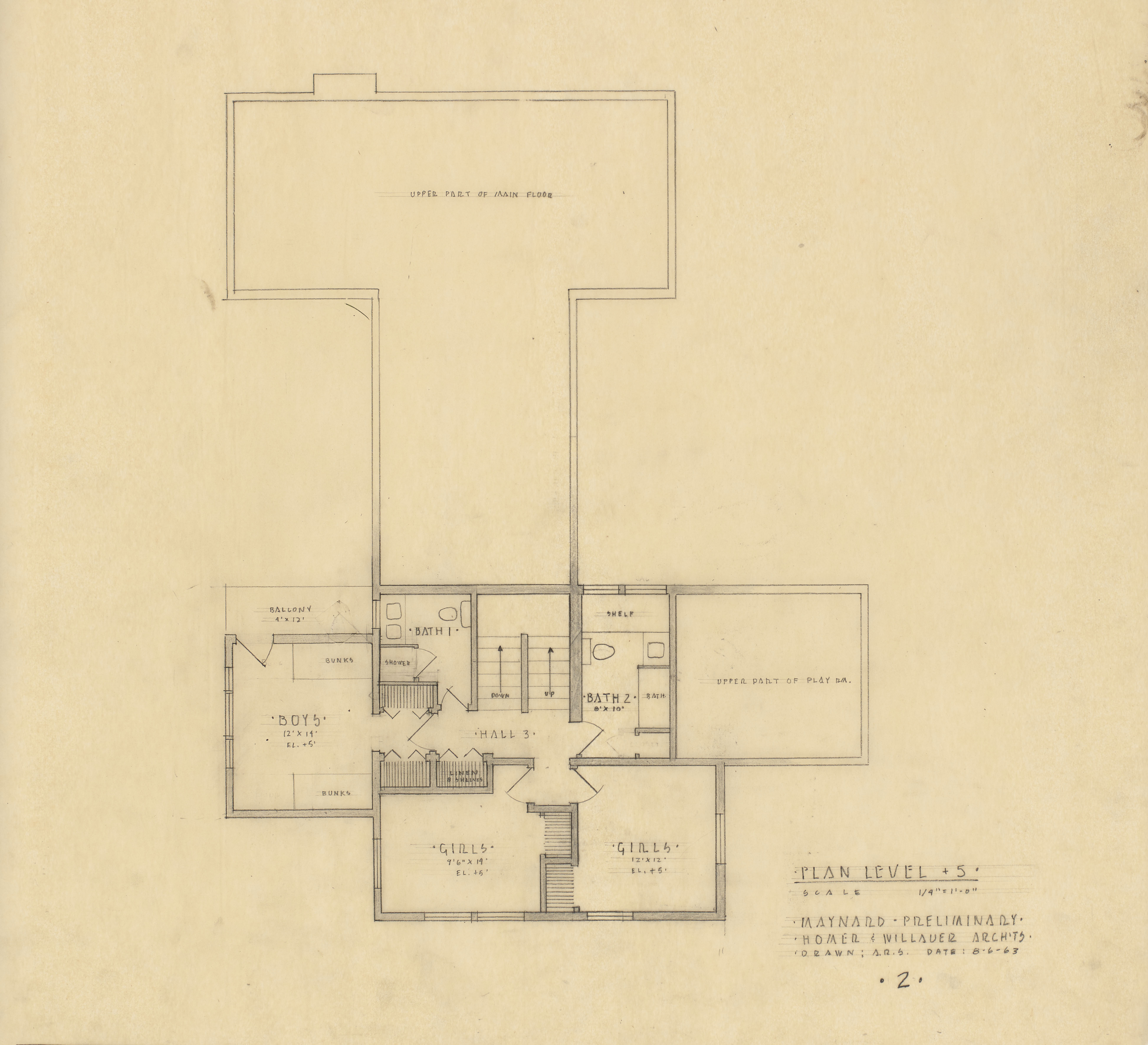 EPM Preliminaries 2 Plan Level +5, 1963, graphite on tracing paper, 22 x 24 inches