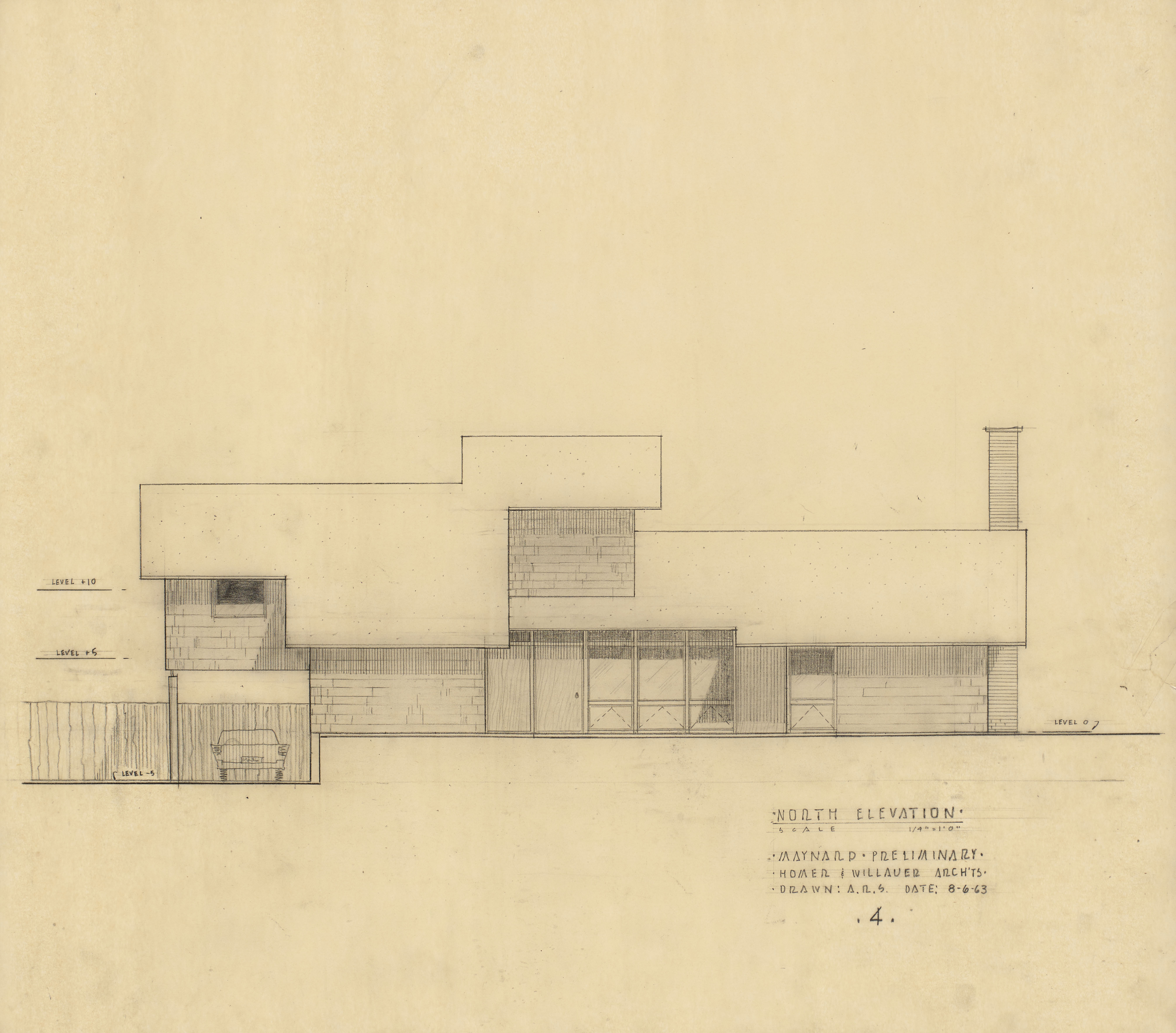 EPM Preliminaries 4 North Elevation, 1963, graphite on tracing paper, 22 x 25 inches