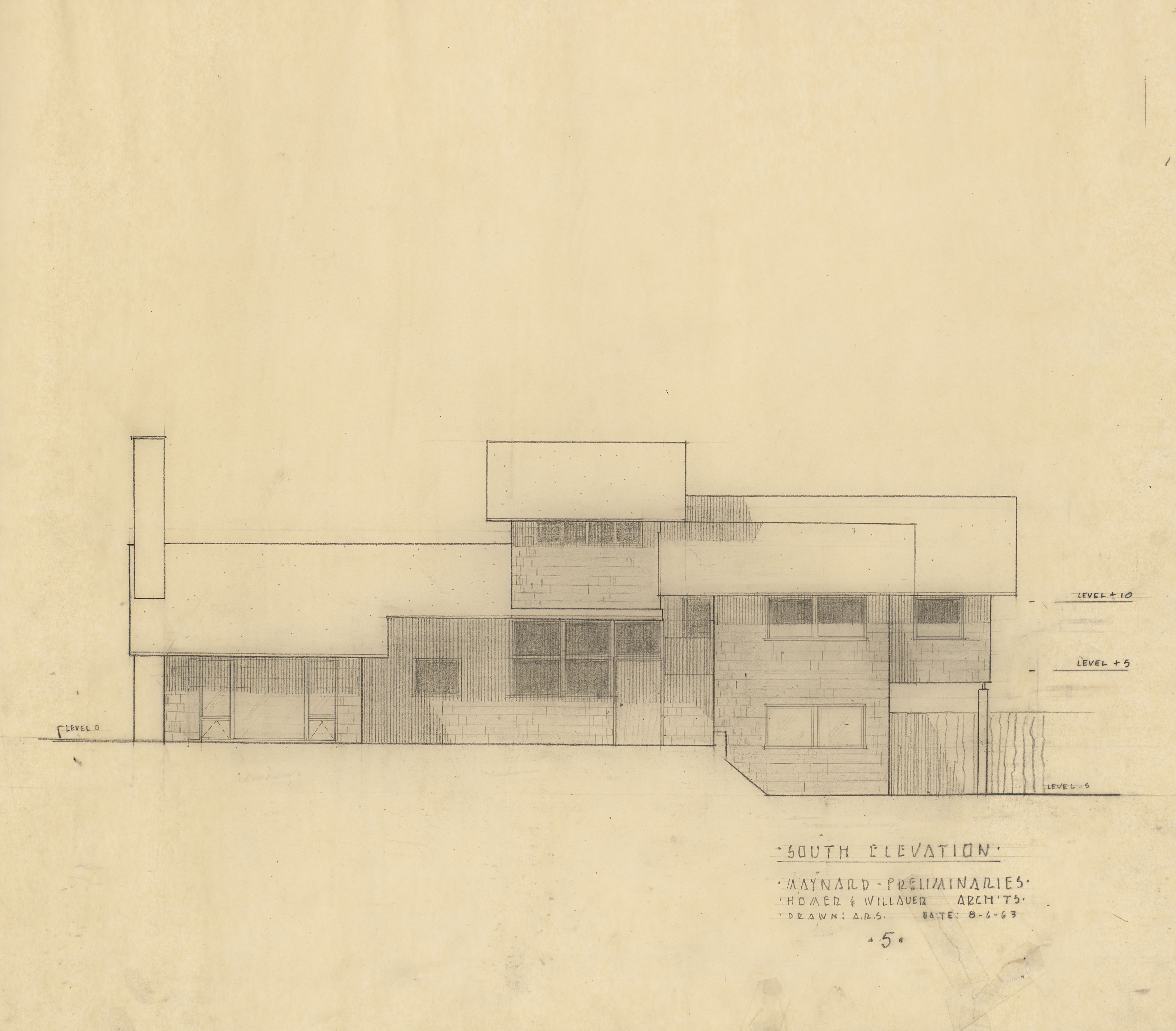 EPM Preliminaries 5 South Elevation, 1963, graphite on tracing paper, 22 x 25 inches