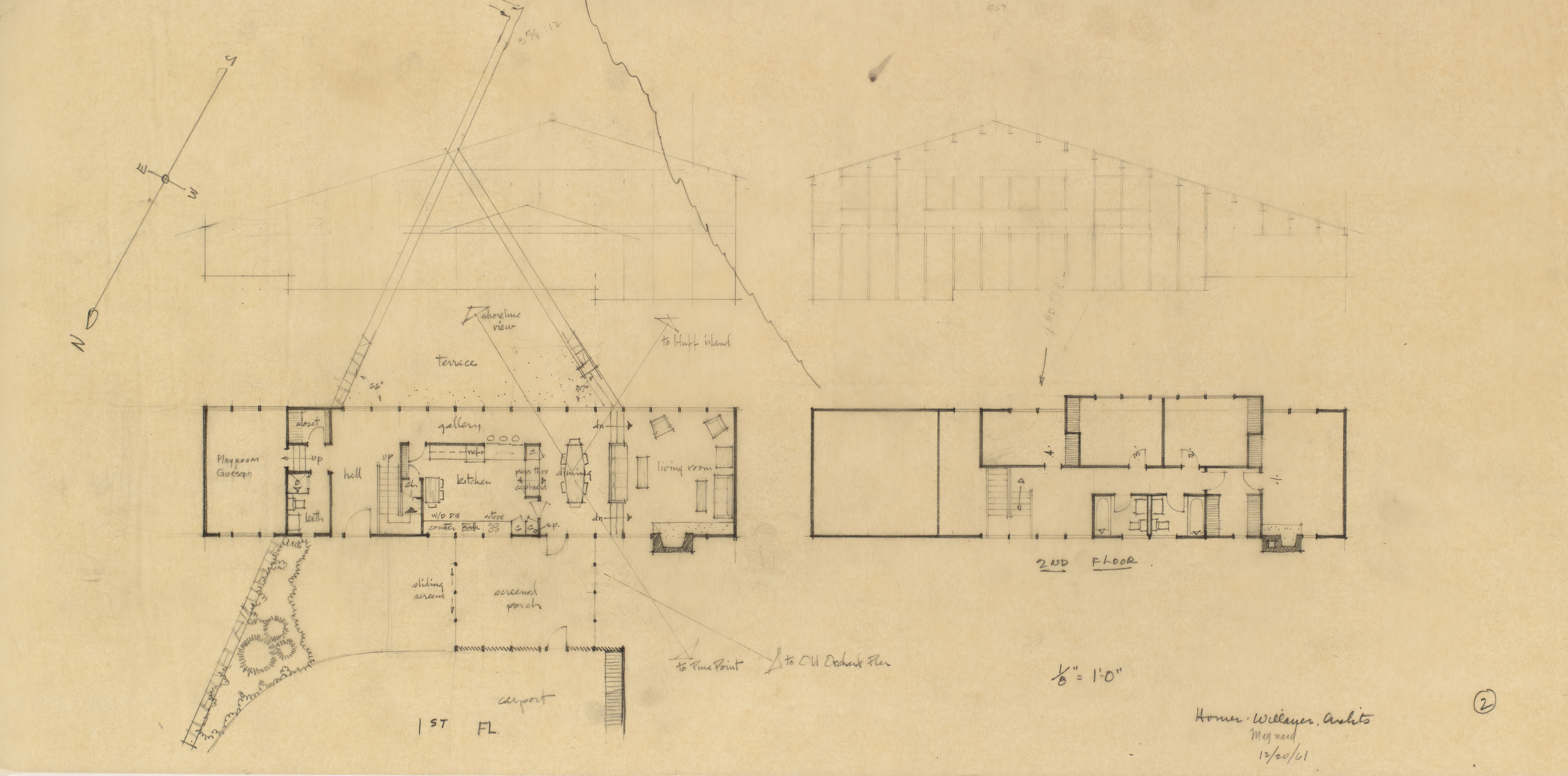 EPM Site and Floor Plans with Elevations, 1961, graphite on tracing paper, 14 x 28 inches