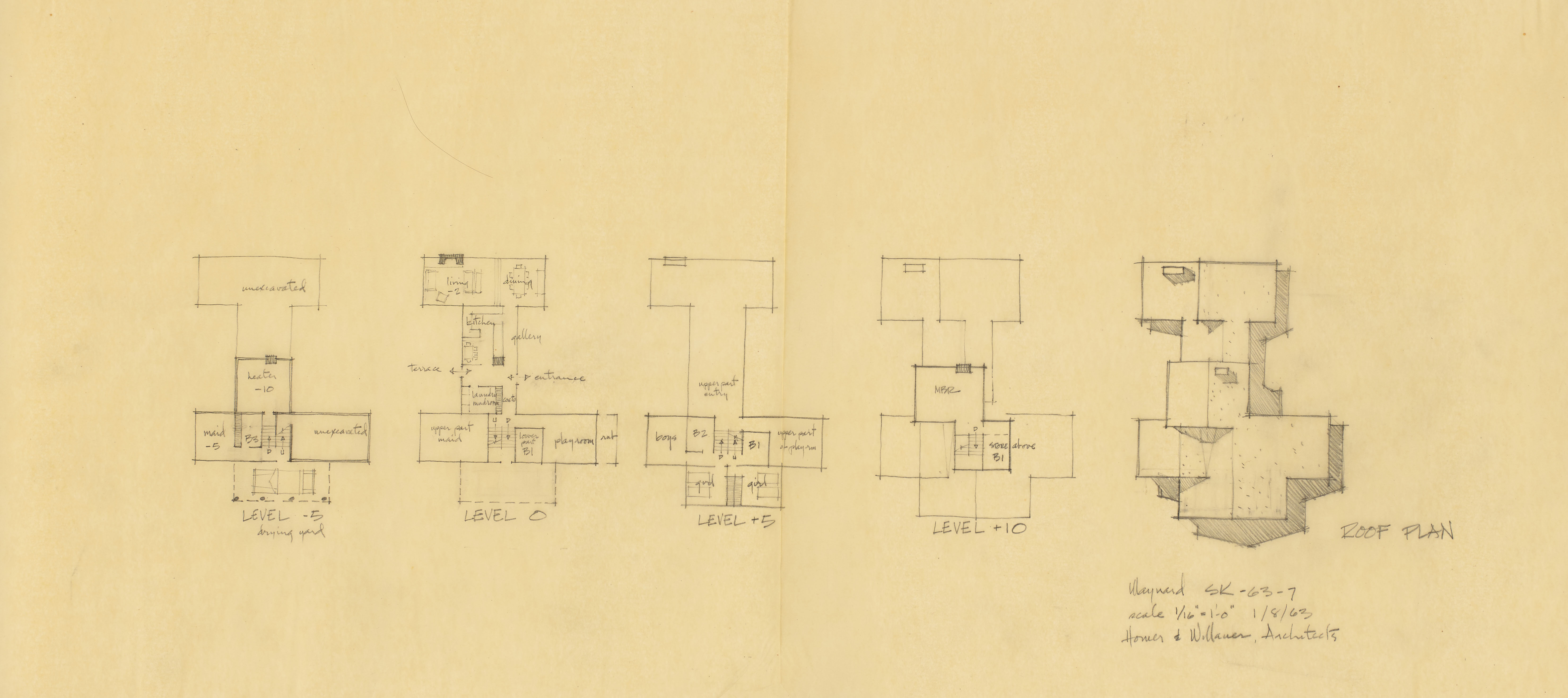 EPM SK-63-7 Floor Levels and Roof Plan, 1963, graphite on tracing paper, 1963