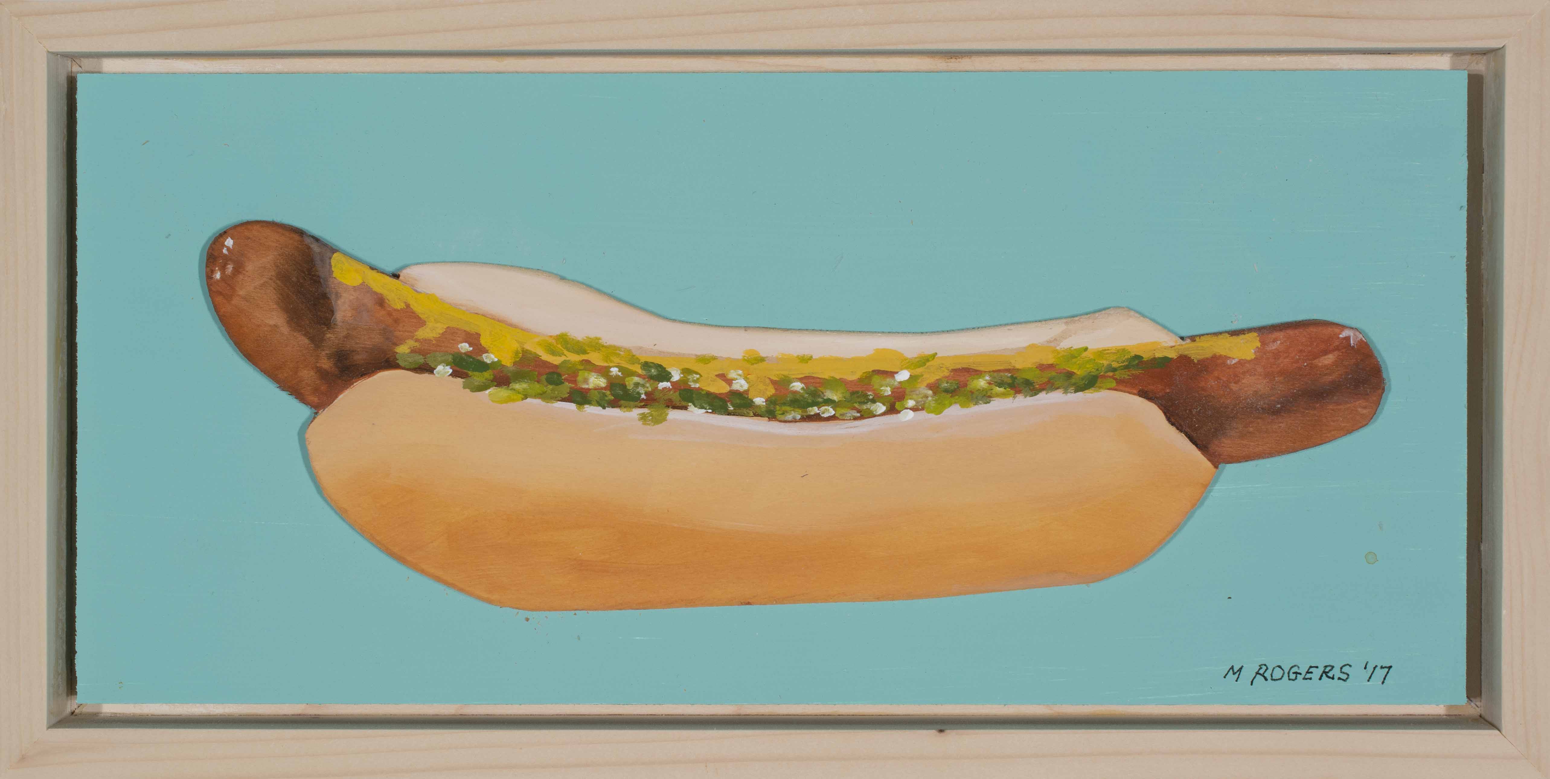 Hot Dog, 2019, acrylic on wood, 14 x 17 inches