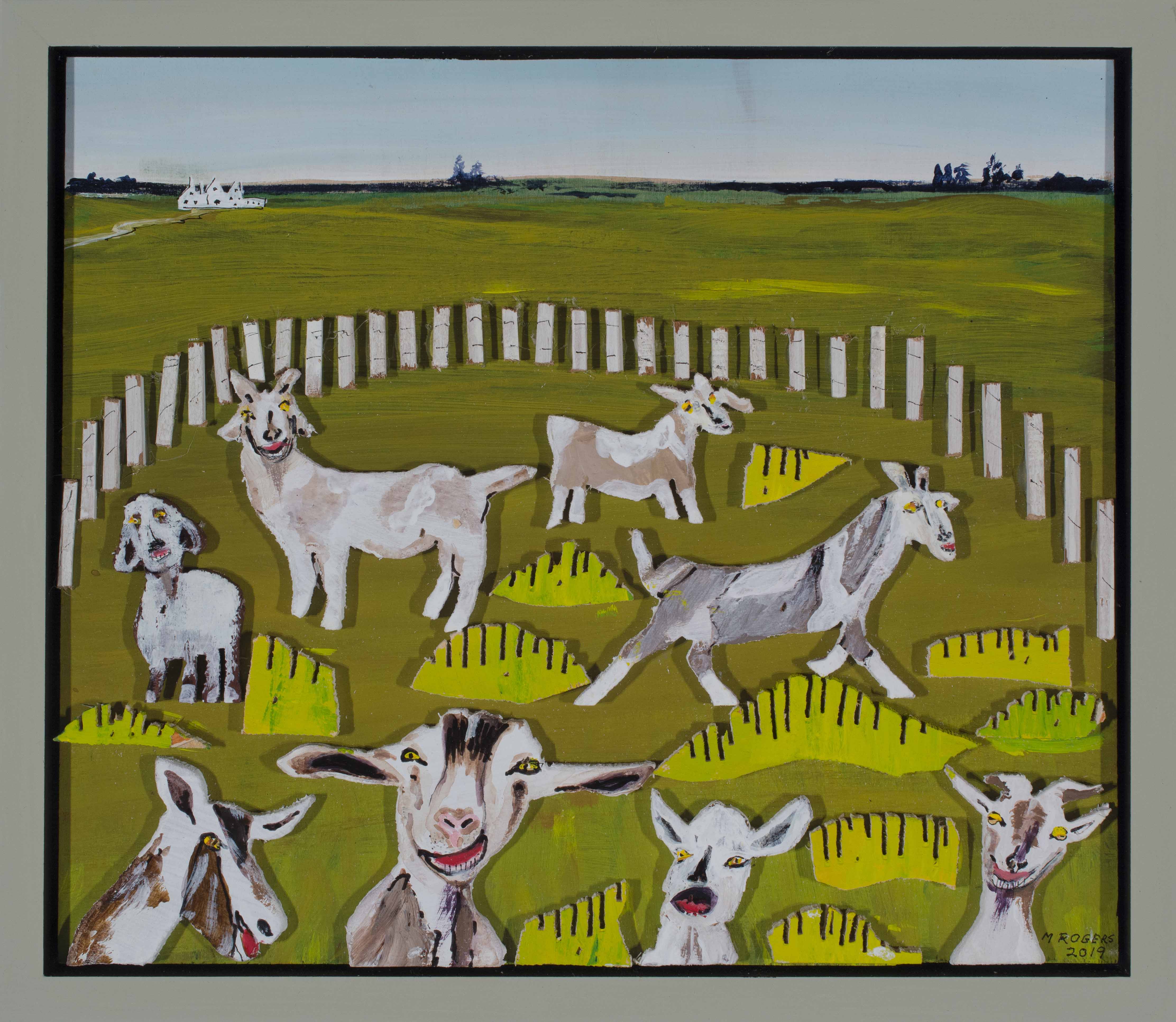 Landscaping Goats, 2019, acrylic and ink on wood, 11 x 13 inches