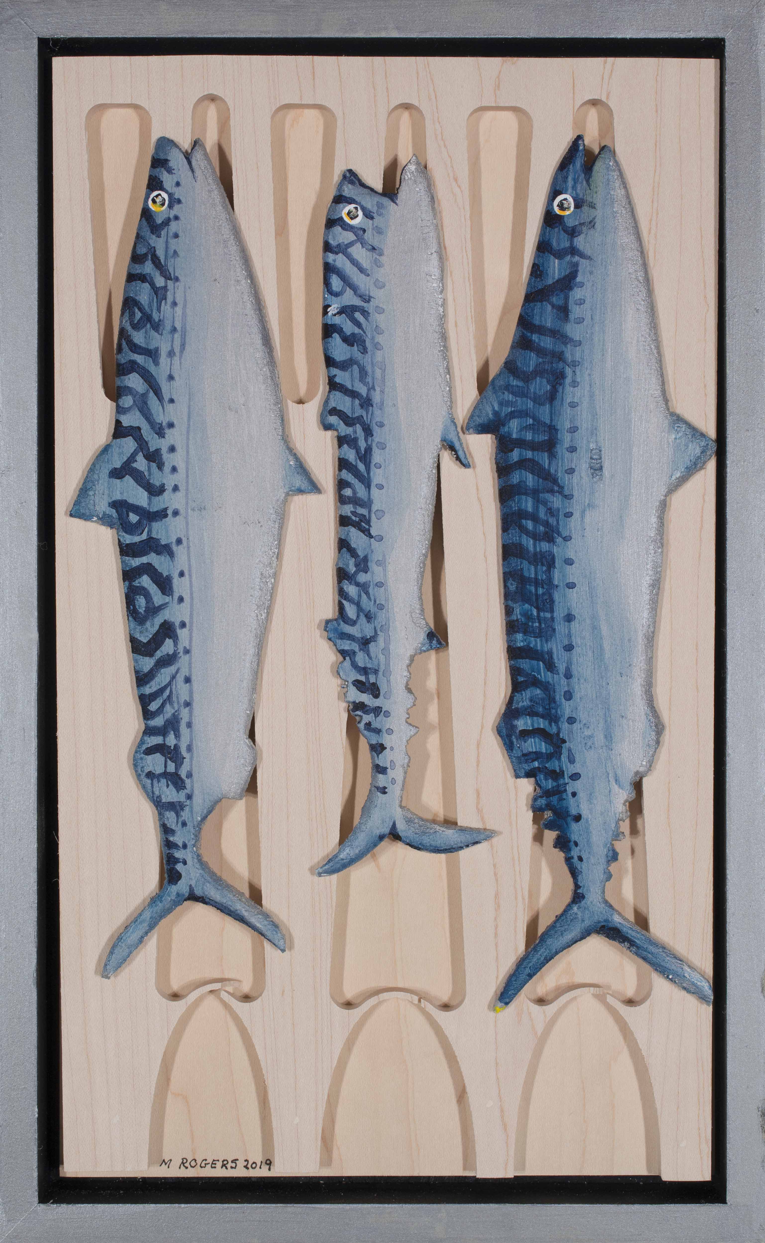 Mackerel, 2019, acrylic on wood, 15 x 9 inches