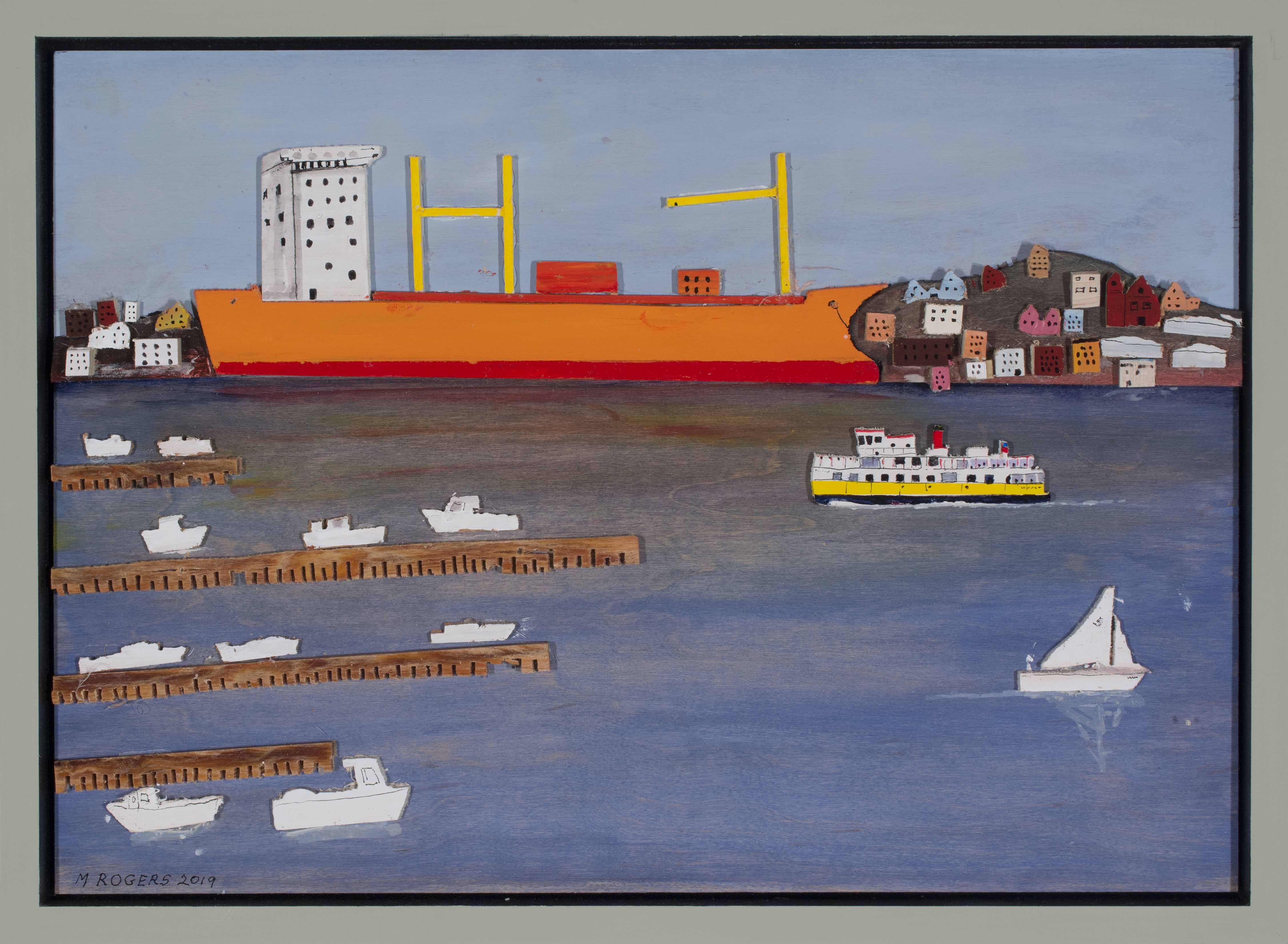 Portland Harbor, 2019, acrylic and ink on wood, 12 x 17 inches