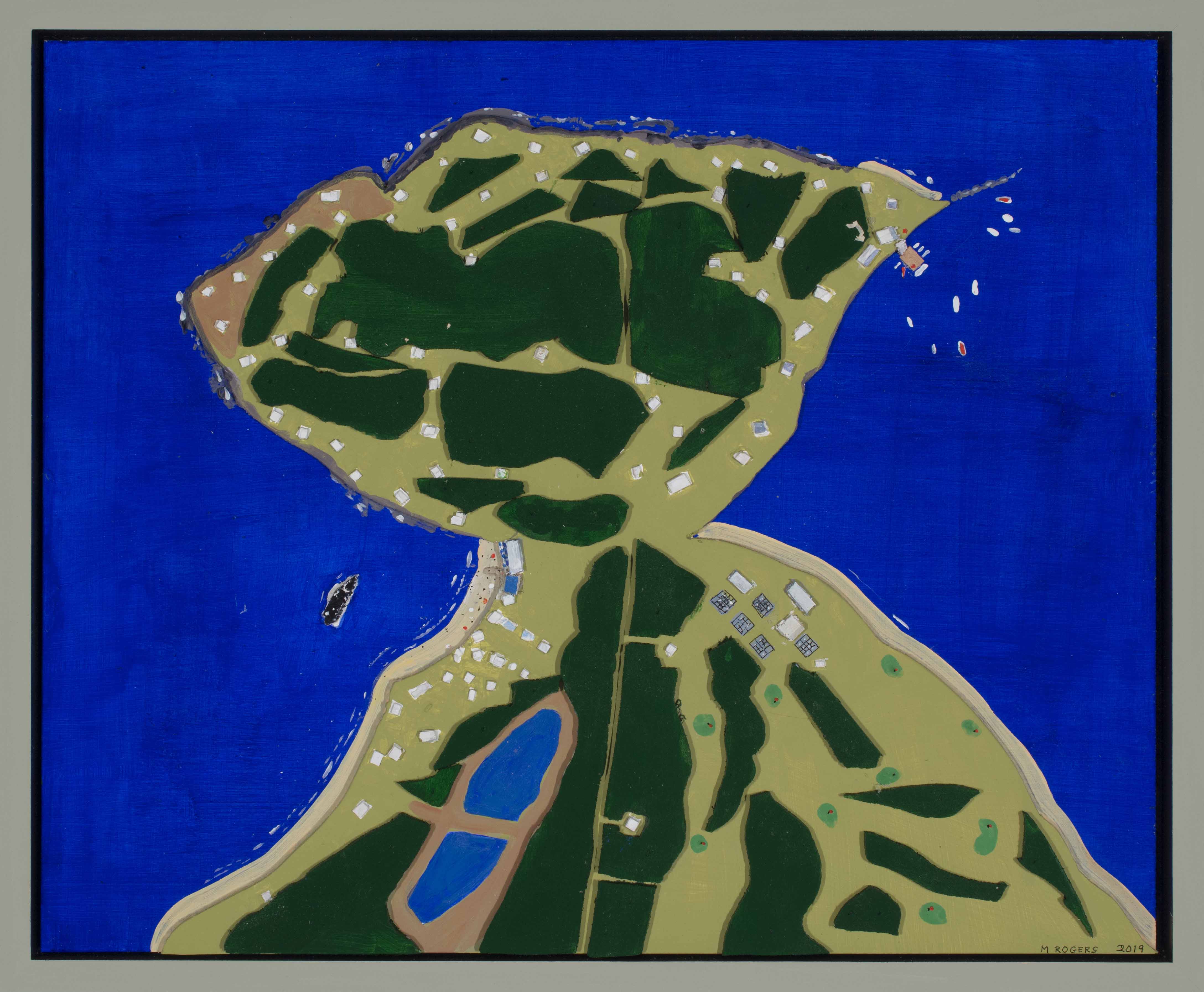 Prouts Neck Birdseye View, 2019, acrylic on wood, 16 x 19 inches