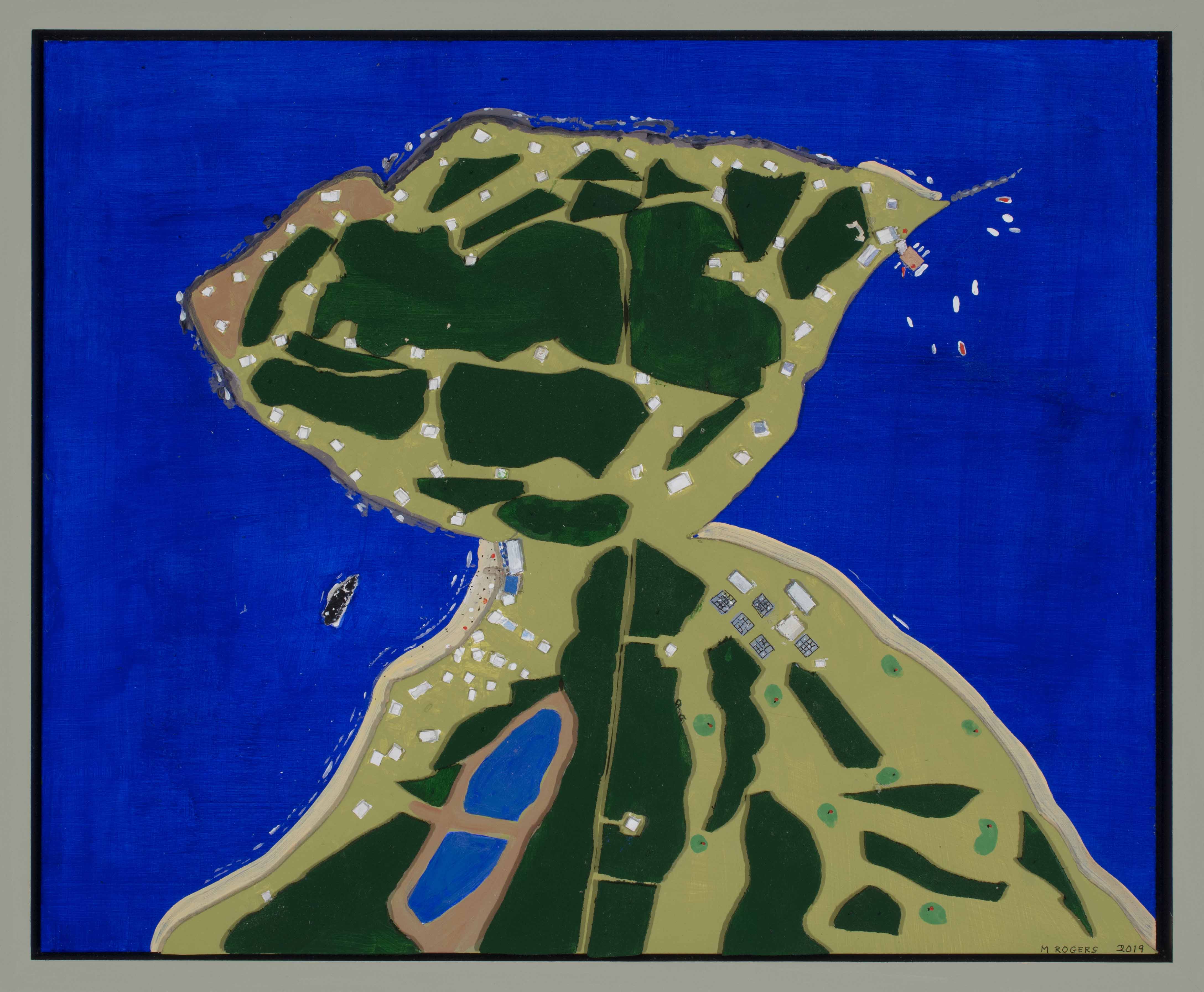 Prouts Neck Birdseye View, 2019, acrylic on wood, 16 x 19 inches