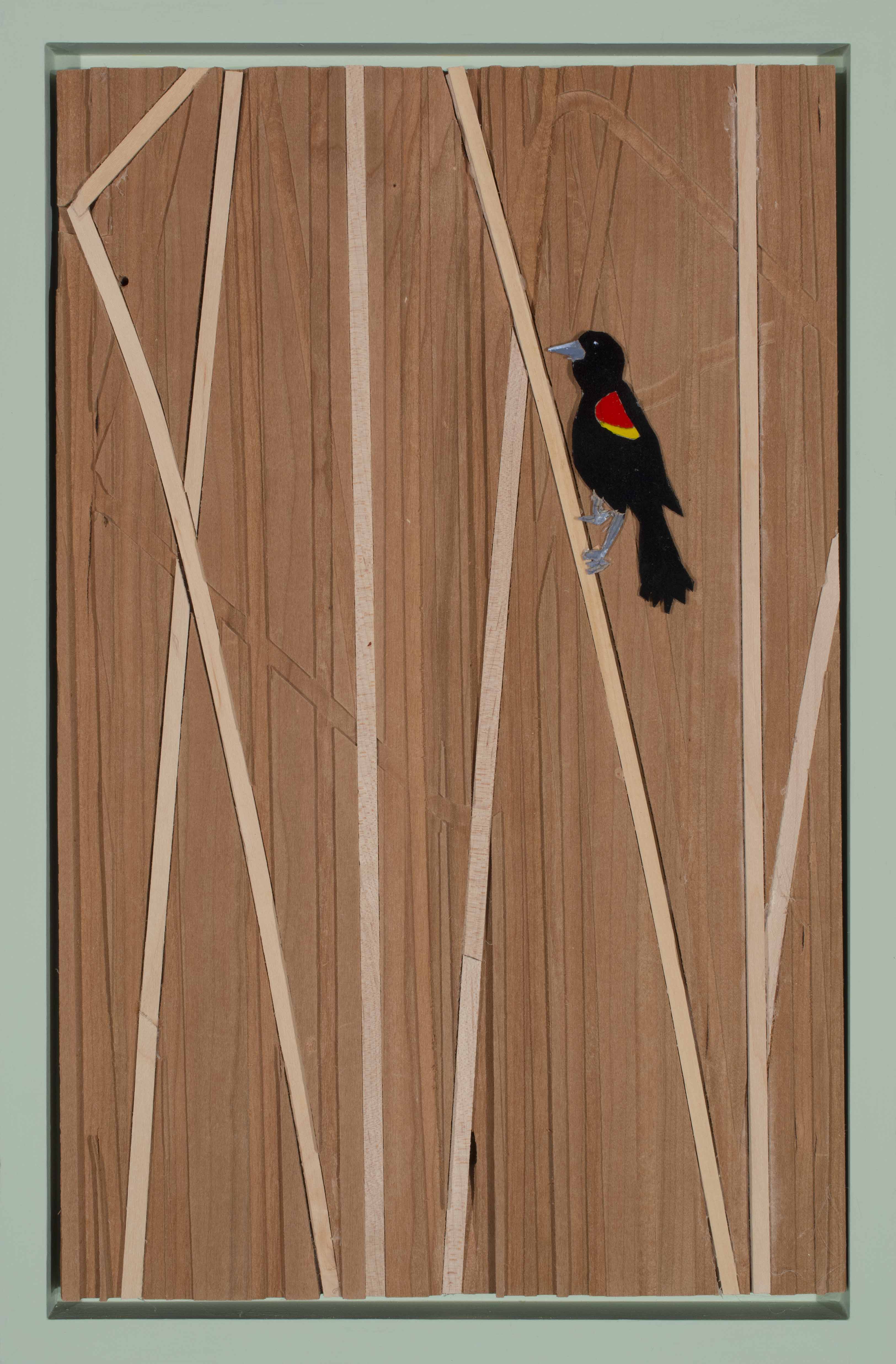 Red-winged Black Bird in Reeds #1, 2018, acrylic and cardboard on wood, 18 x 12 inches