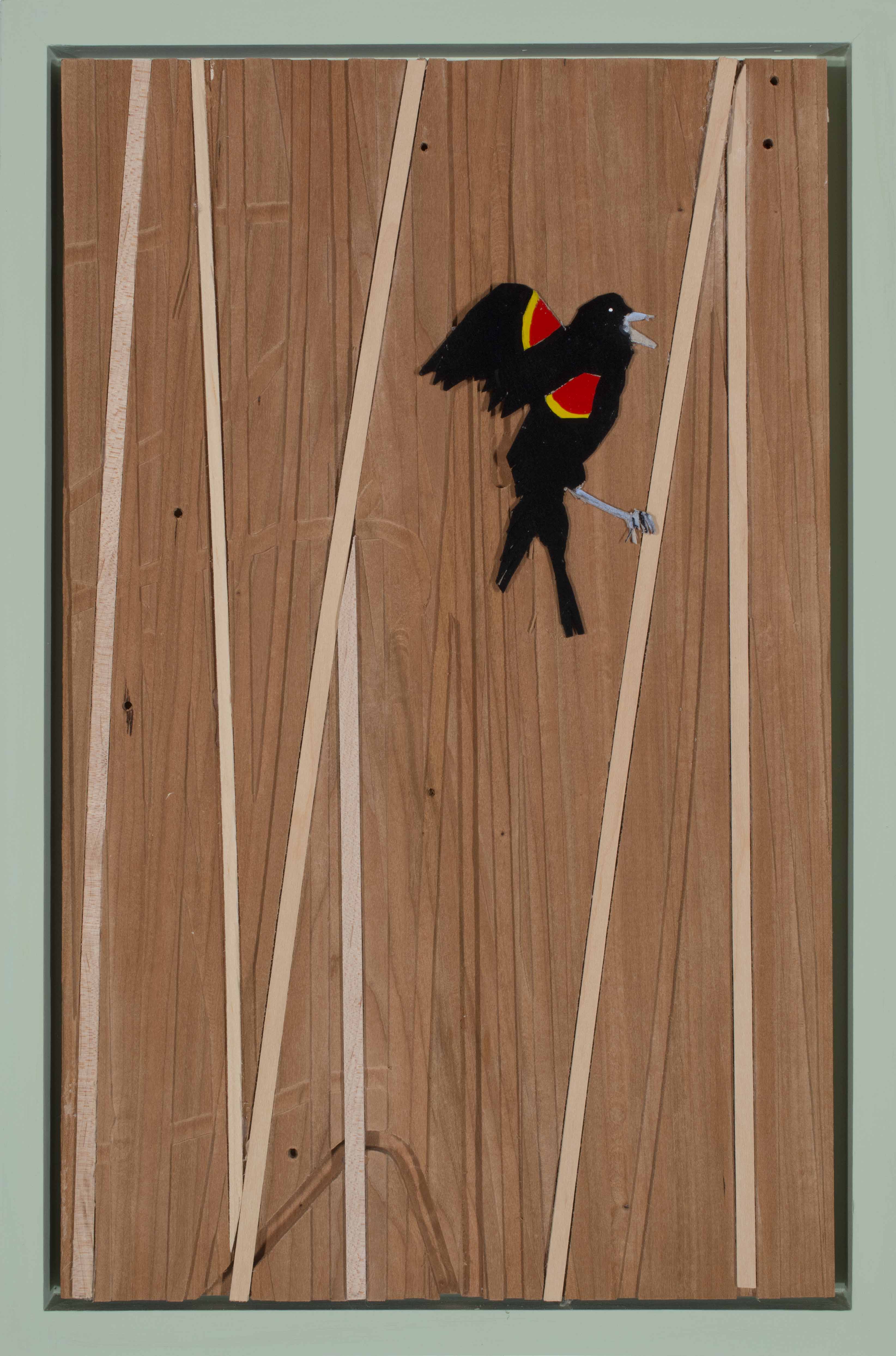 Red-winged Black Bird in Reeds #3, 2018, acrylic and cardboard on wood, 18 x 12 inches