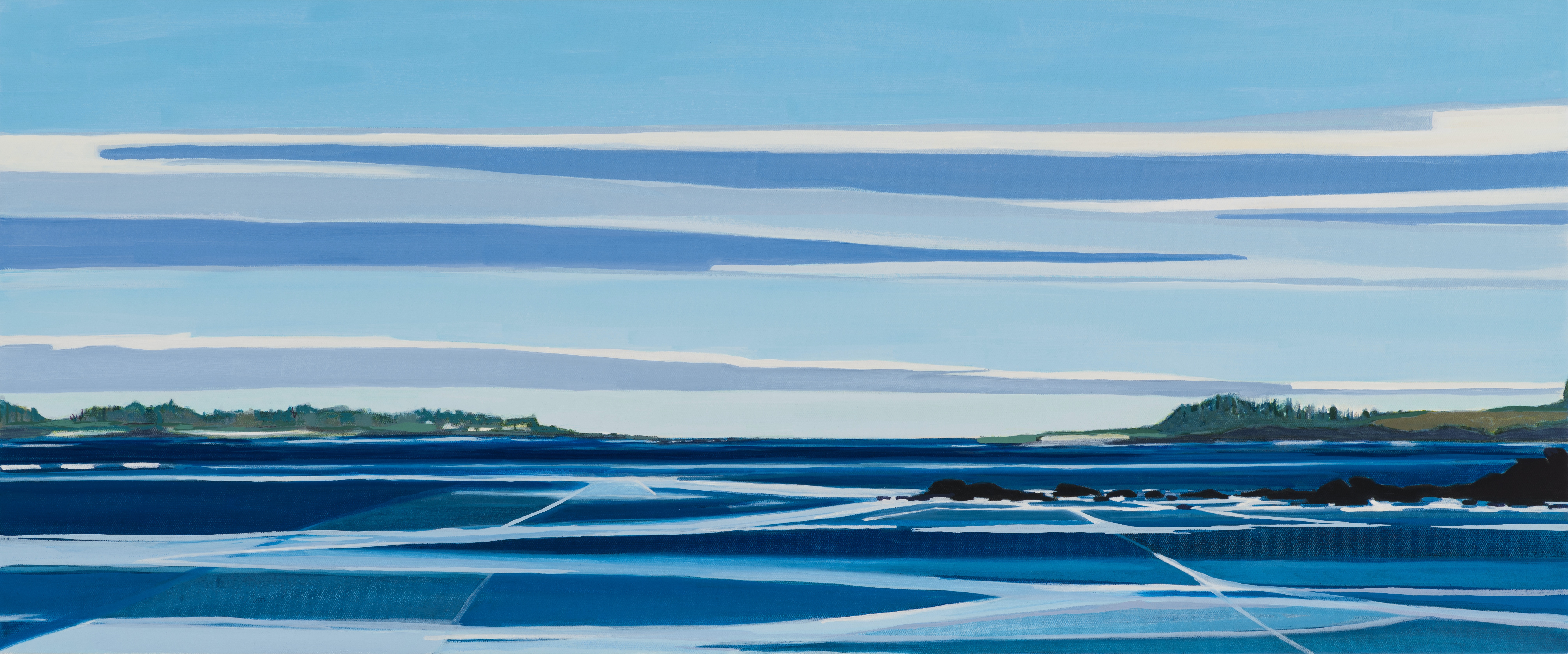 Wake, 12/28/19, 09:46, 43.535572, -70.314895, 2021, oil on canvas, 15 x 36 inches