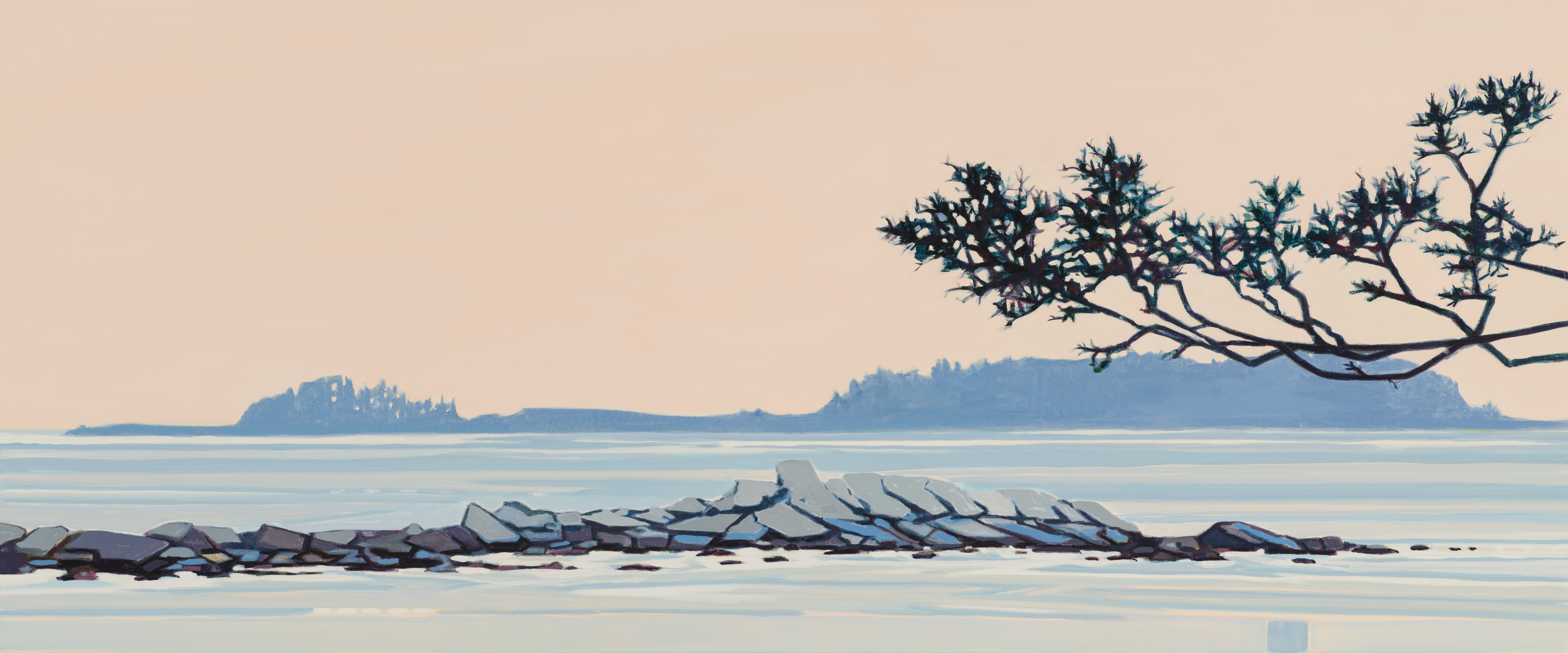 Harmon Morning, 8/9/20, 06:45, 43.535563, -70.314313, 2021, oil on canvas, 15 x 36 inches