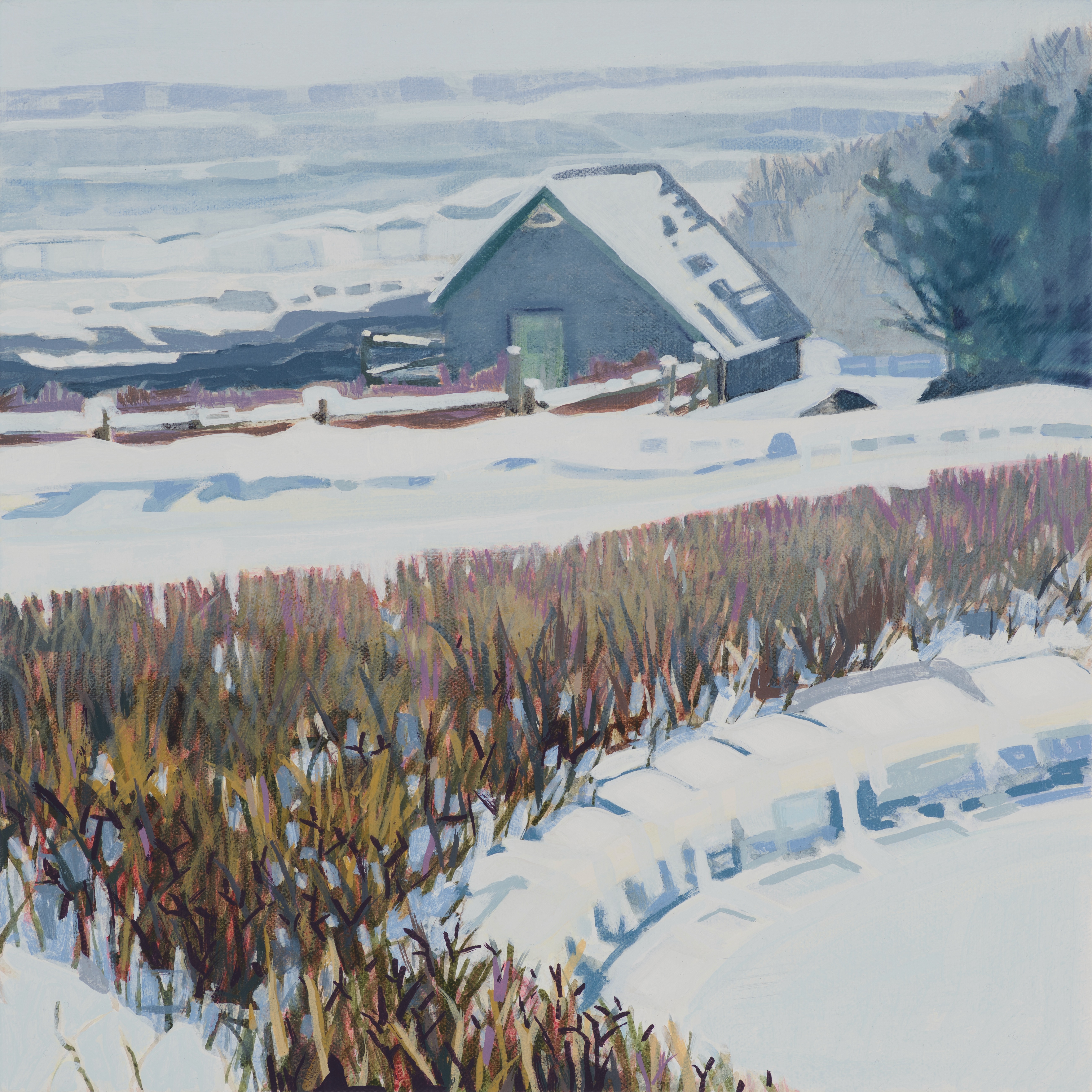 Winter Storm, 1/20/19, 13:45, 43.534213, -70.314683, 2021, oil on canvas, 12 x 12 inches