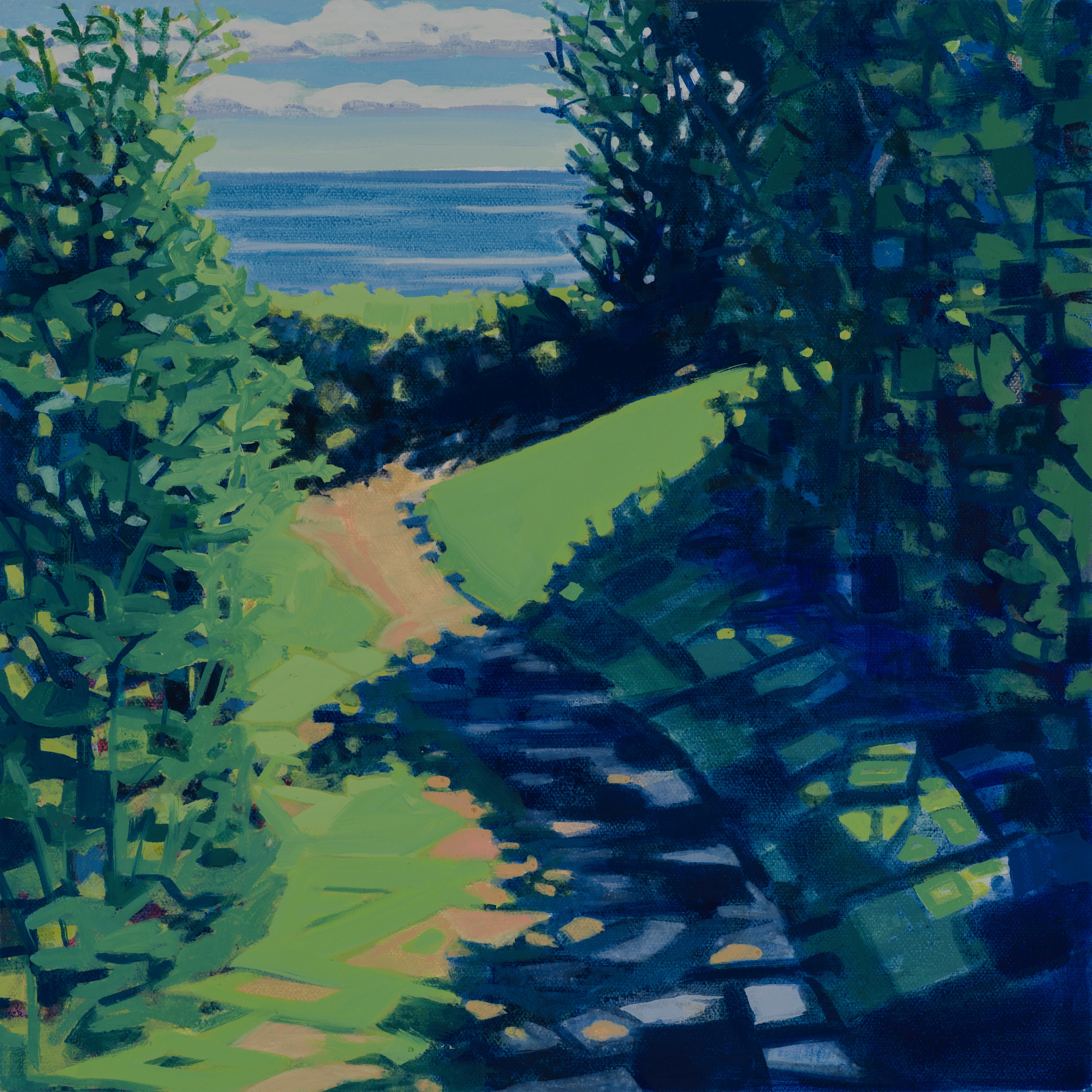 Shadows, 8/30/20, 10:34, 43.532962, -70.313337, 2021, oil on canvas, 12 x 12 inches