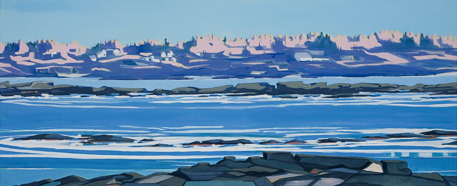Jordan Farm from Eastern Cove, 9/28/19, 17:00, 43.529317, -70.309053, 2020, oil on canvas, 16 x 36 inches