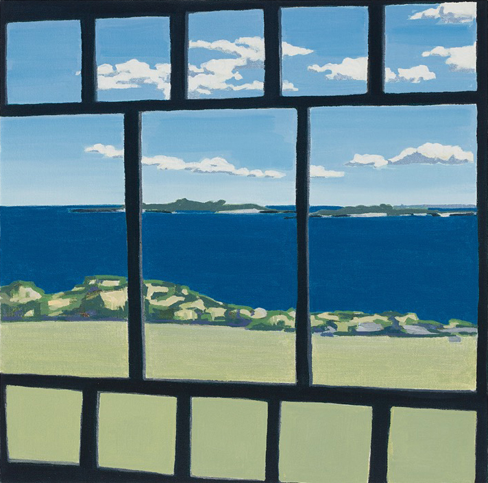Studio Window, 8/11/19, 15:35, 43.528433, -70.319872, 2020, oil on canvas, 12 x 12 inches