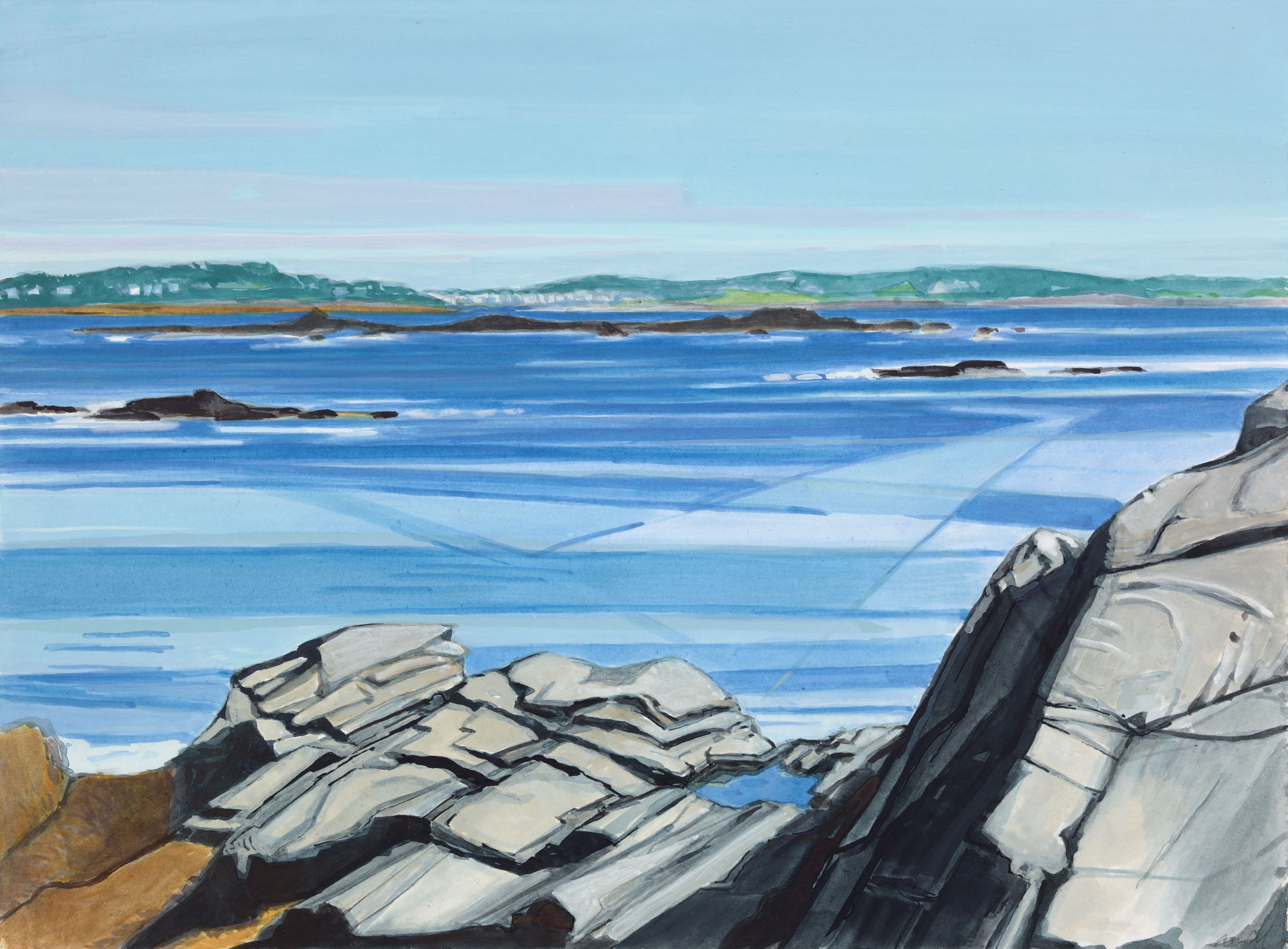 Across to Higgins Beach, 2021, mixed media on paper, 11 x 15 inches