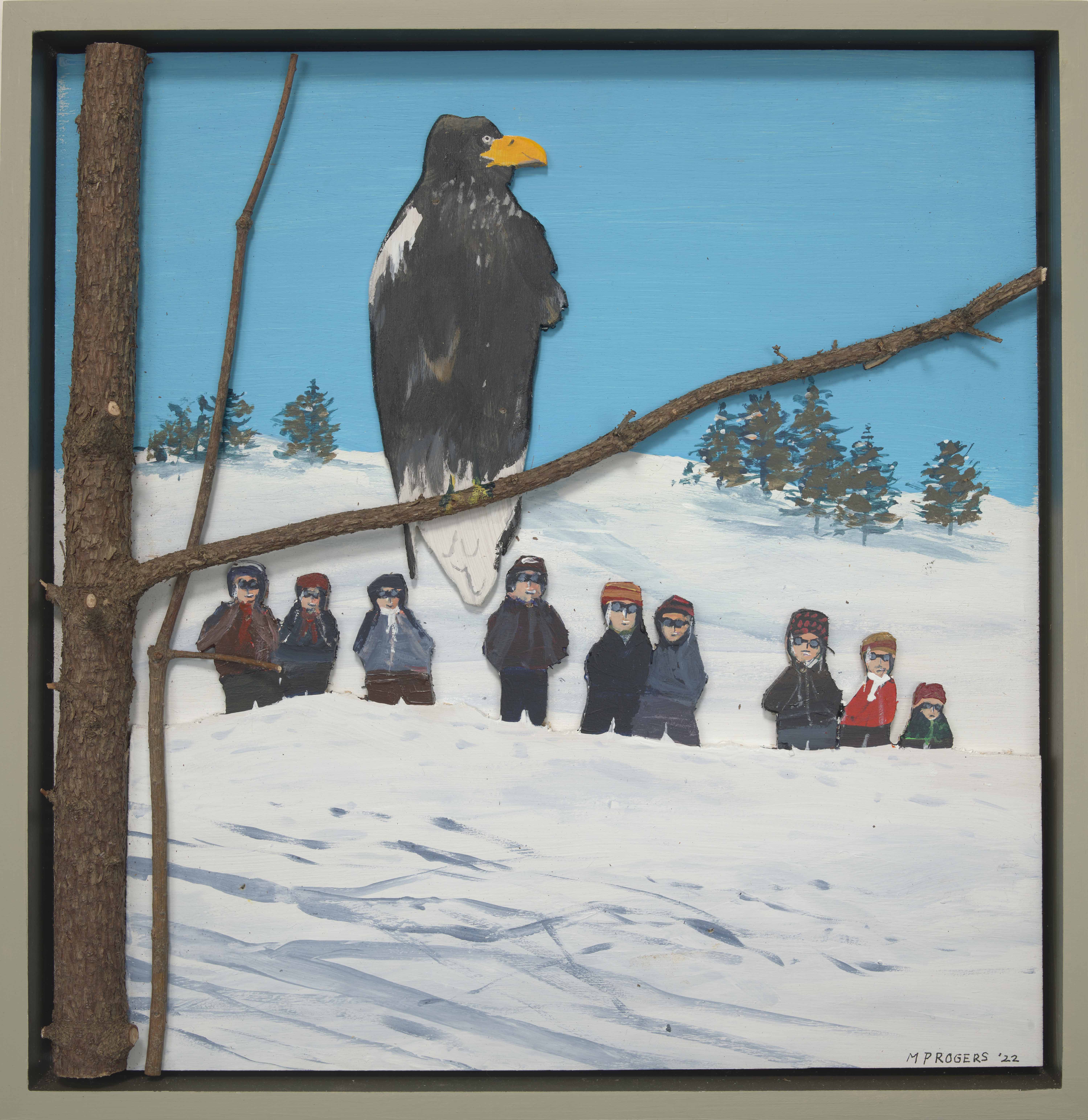 Mac Rogers, Birders Flock to Sea Eagle, 2022, mixed media, 16 x 15.5 inches