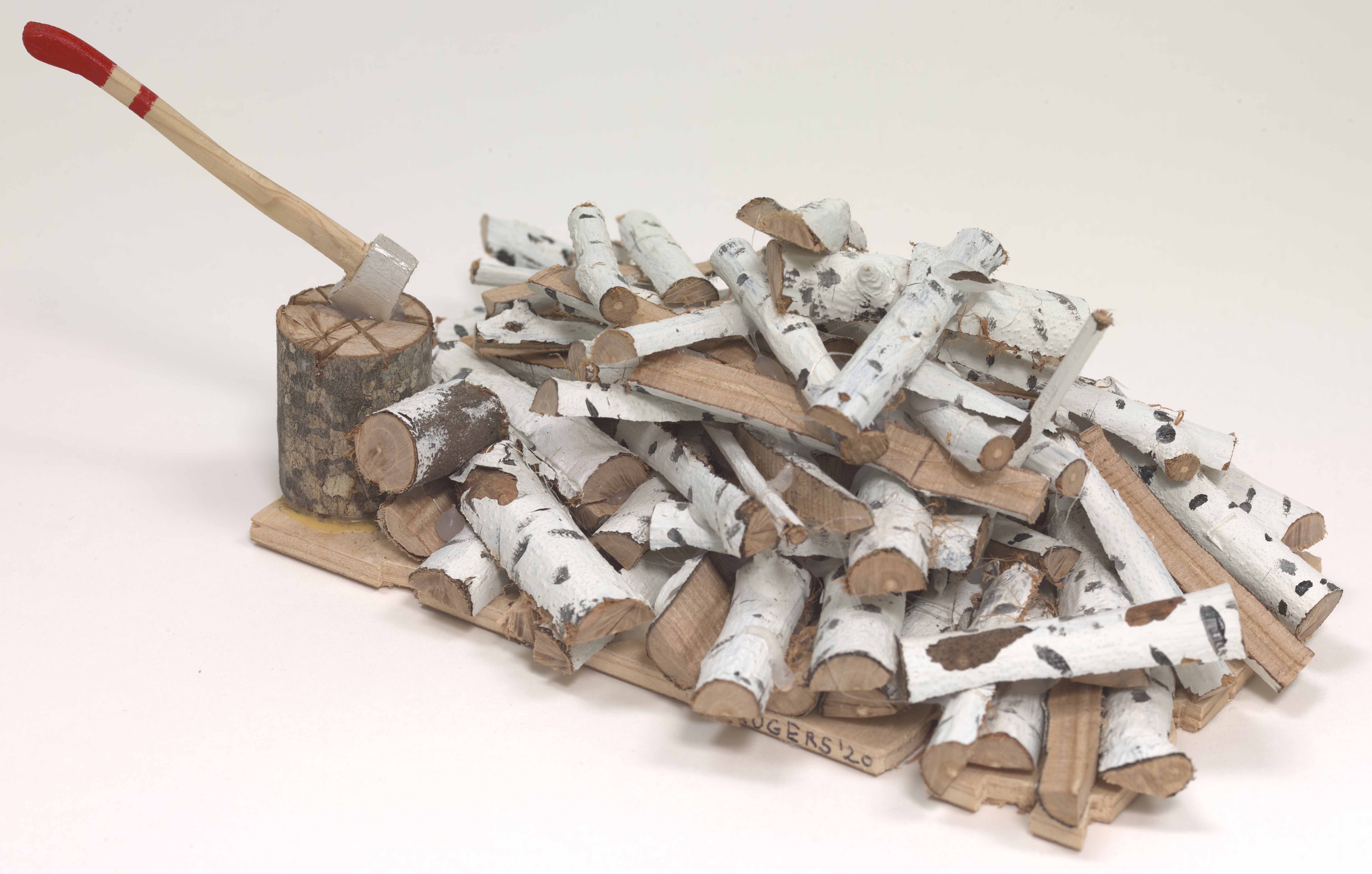 Mac Rogers, Chopping and Stacking Wood, 2020, mixed media, 14 x 11.5 inches