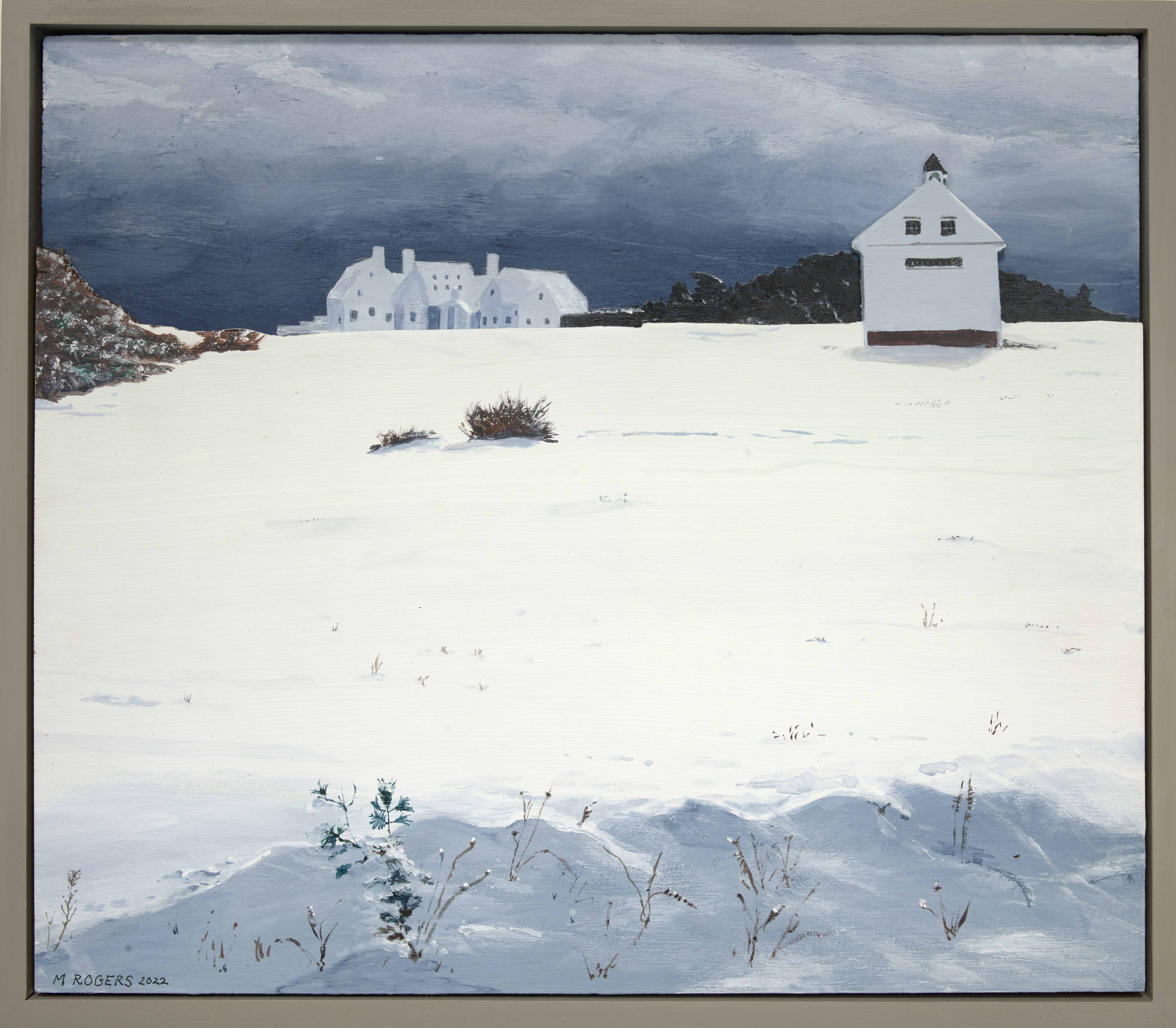 Mac Rogers, Winter at Cole Farm, 2022, mixed media, 15.5 x 17.75 inches