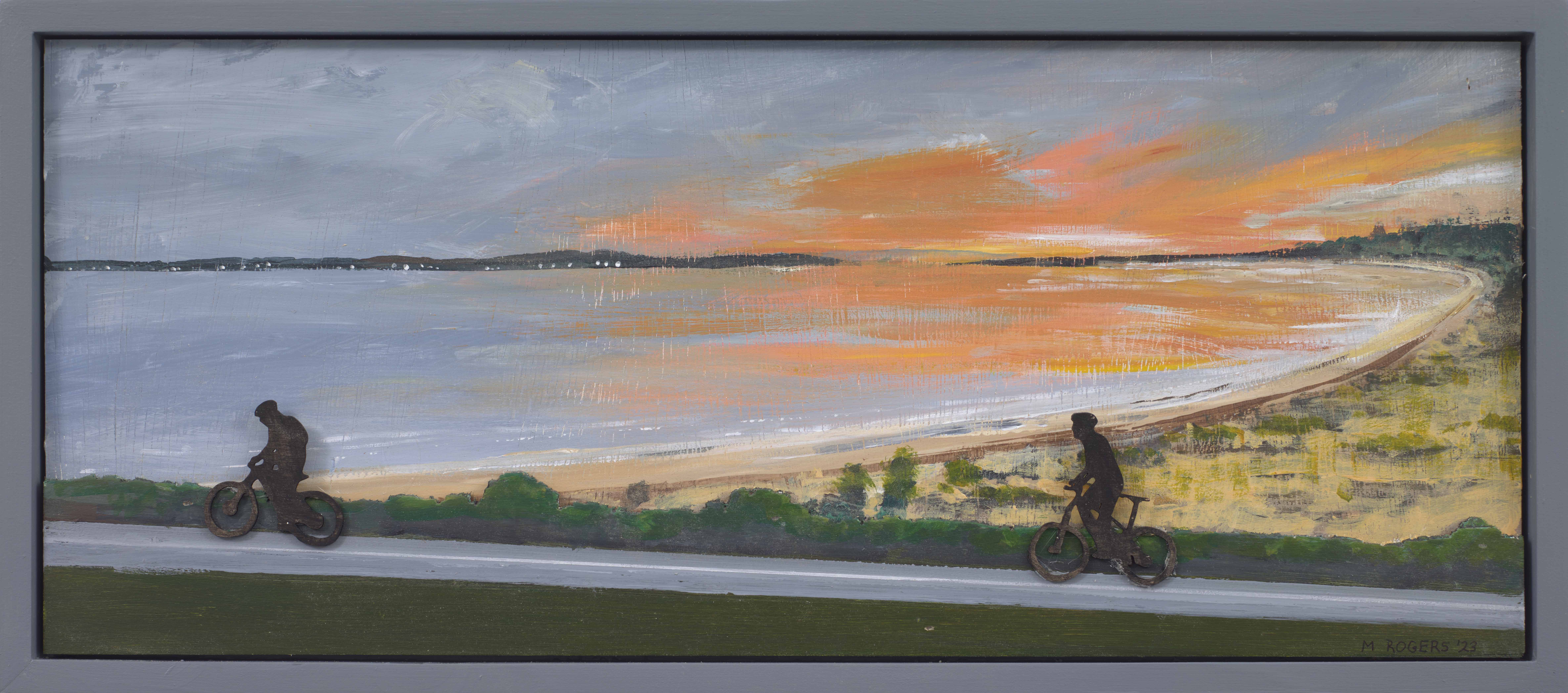 Cyclists at Sunset, 2023, mixed media, 10 x 22.25 inches