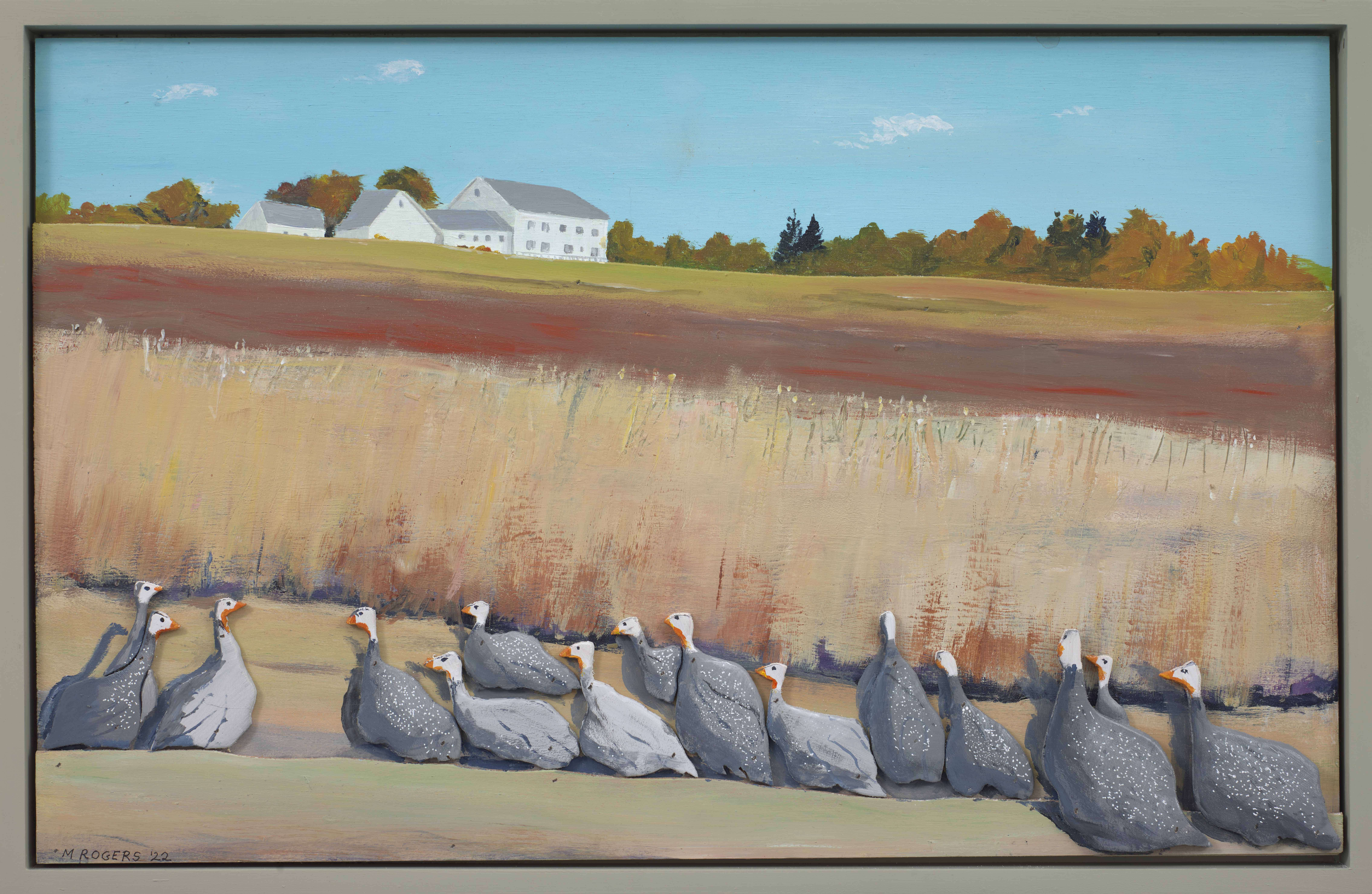 Guinea Hens on a Walk, 2022, mixed media, 16.75 x 25.75 inches