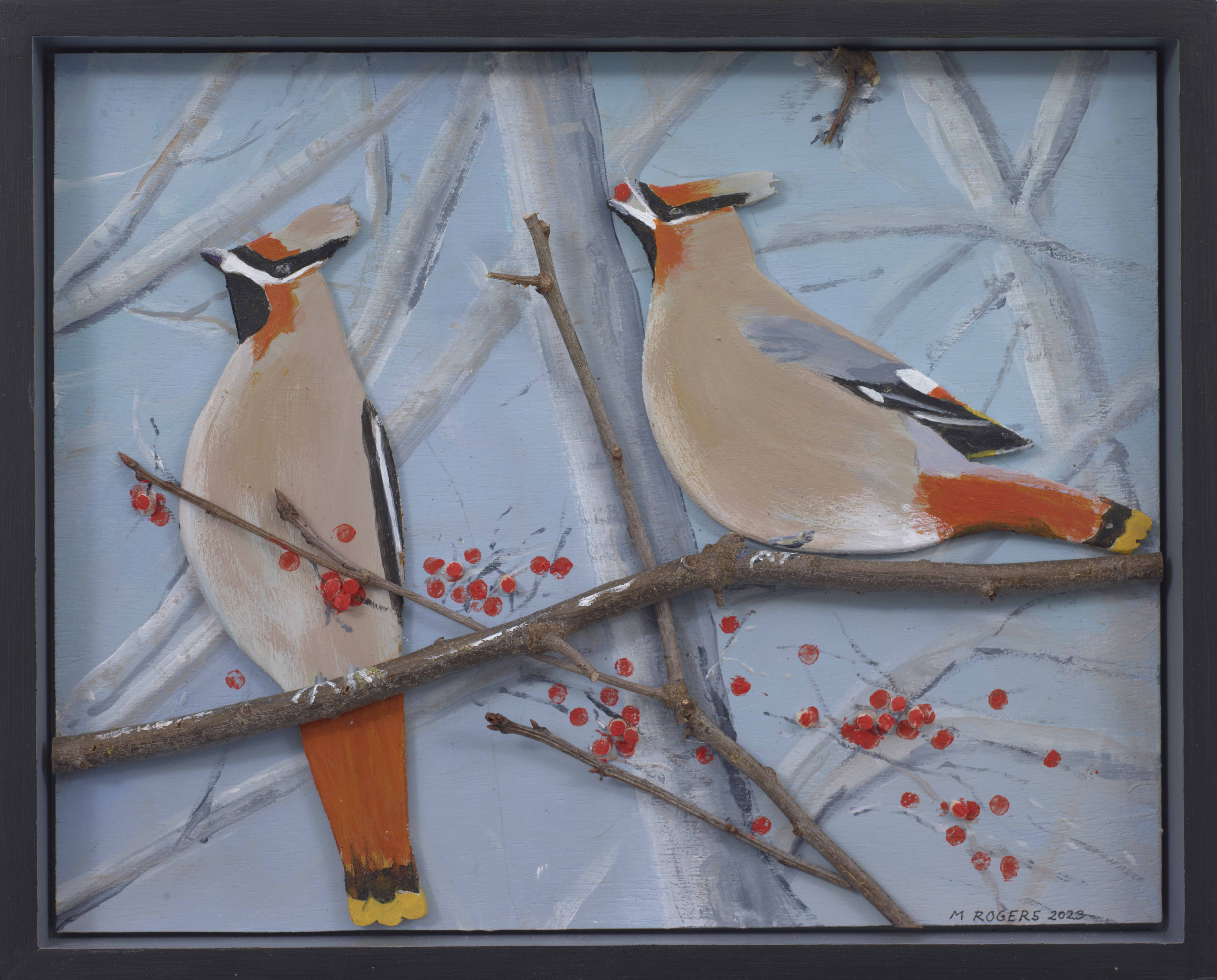Waxwings & Berries, 2023, mixed media, 12.75 x 15.75 inches