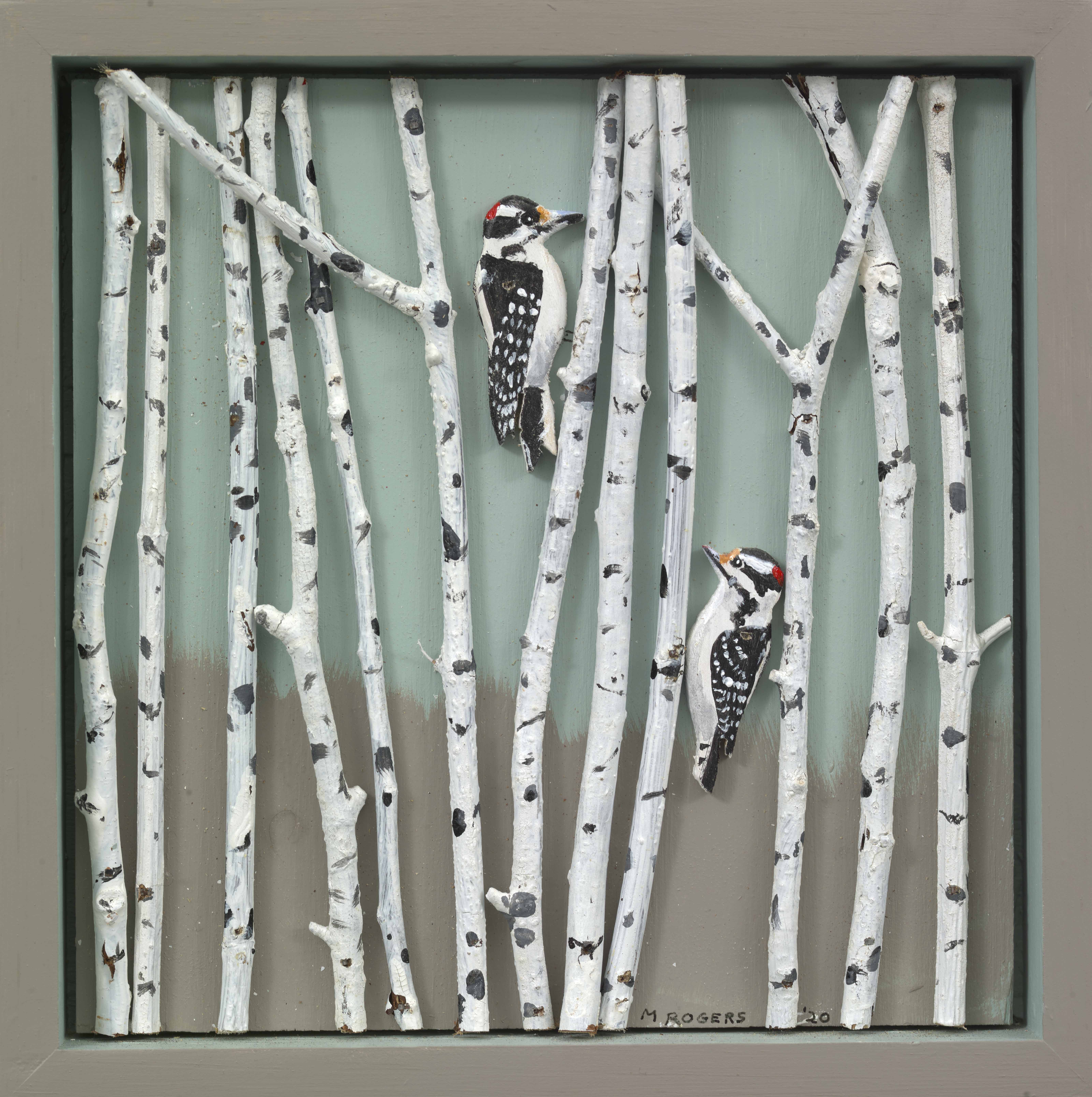 Woodpeckers in Birches, 2020, mixed media, 9.5 x 9.5 inches