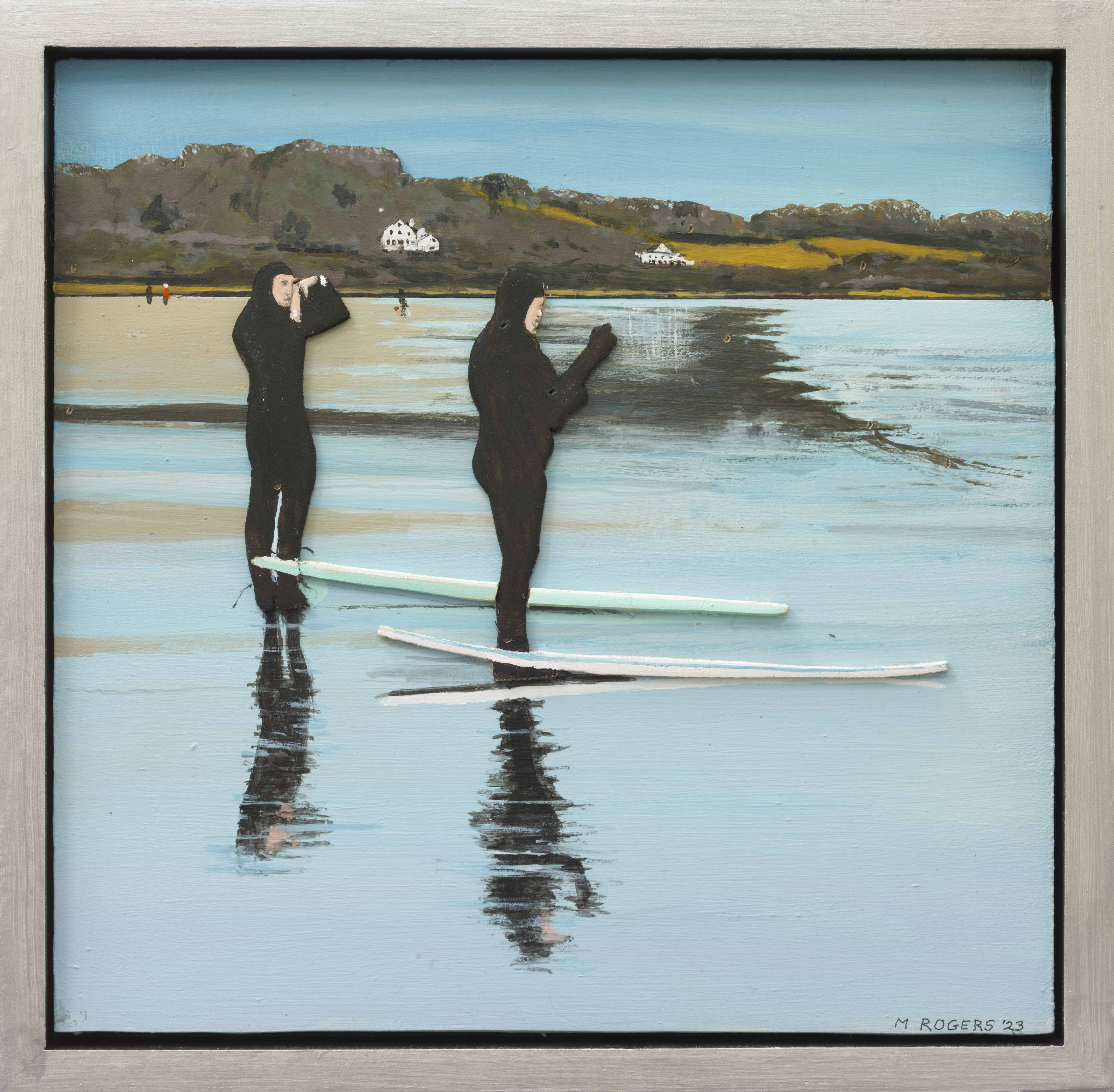Surfers in Wetsuits, 2023, mixed media, 14 x 14 inches