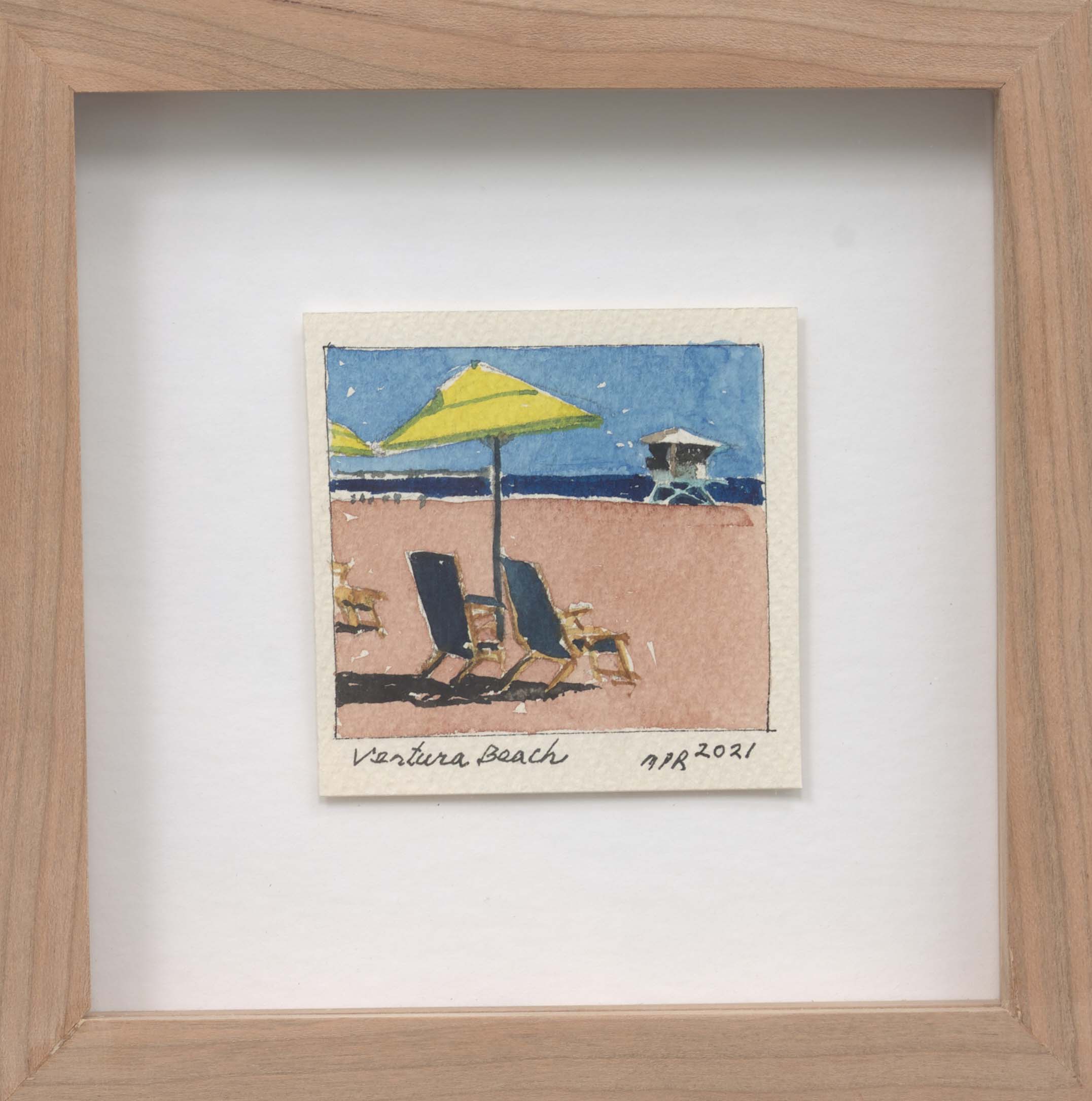 Ventura Beach, 2021, watercolor & mixed media, 7 x 7 inches