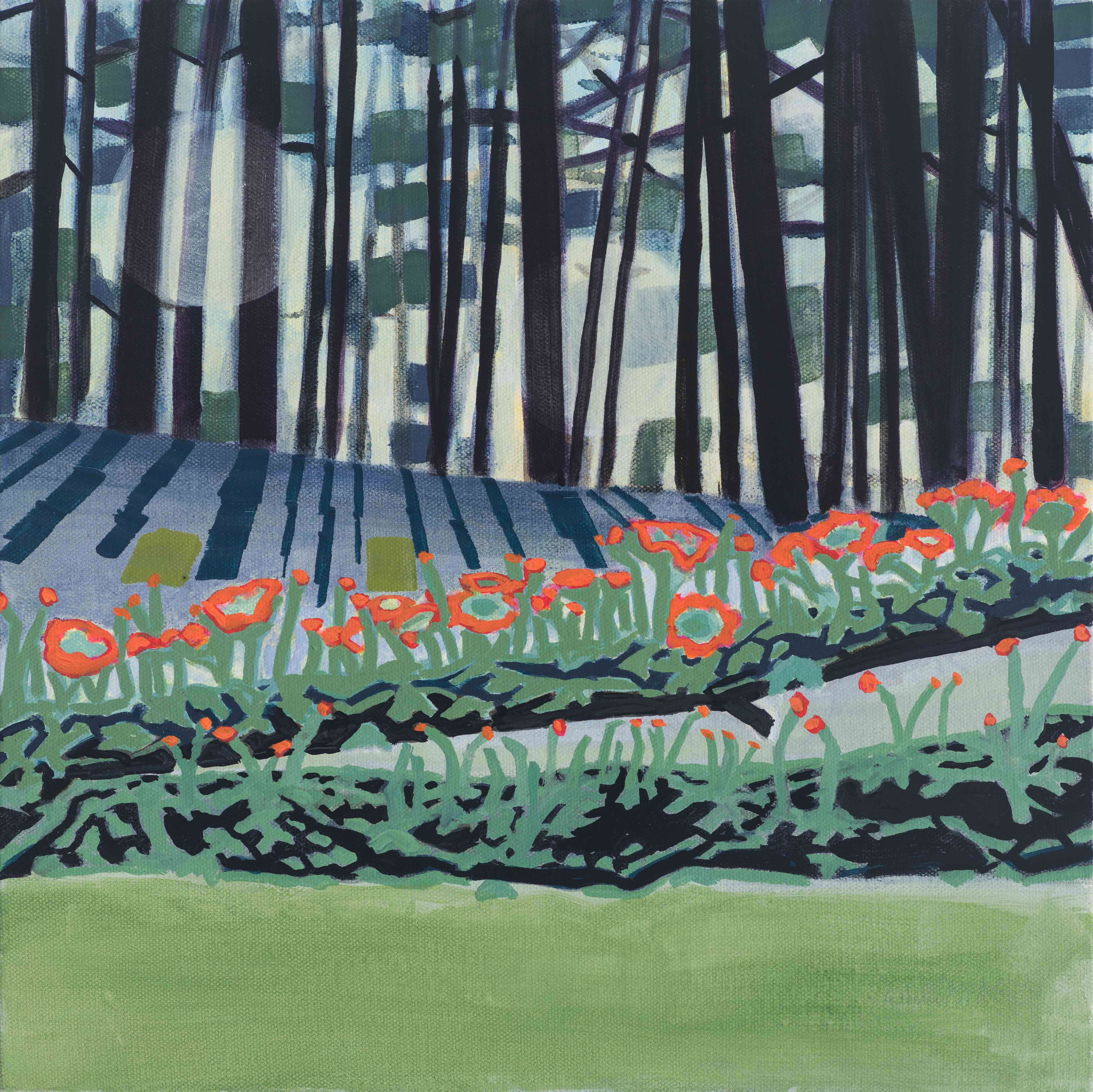 Scarlet Crested Cladonia / Cathedral Woods, 2025, oil on canvas, 12 x 12 inches