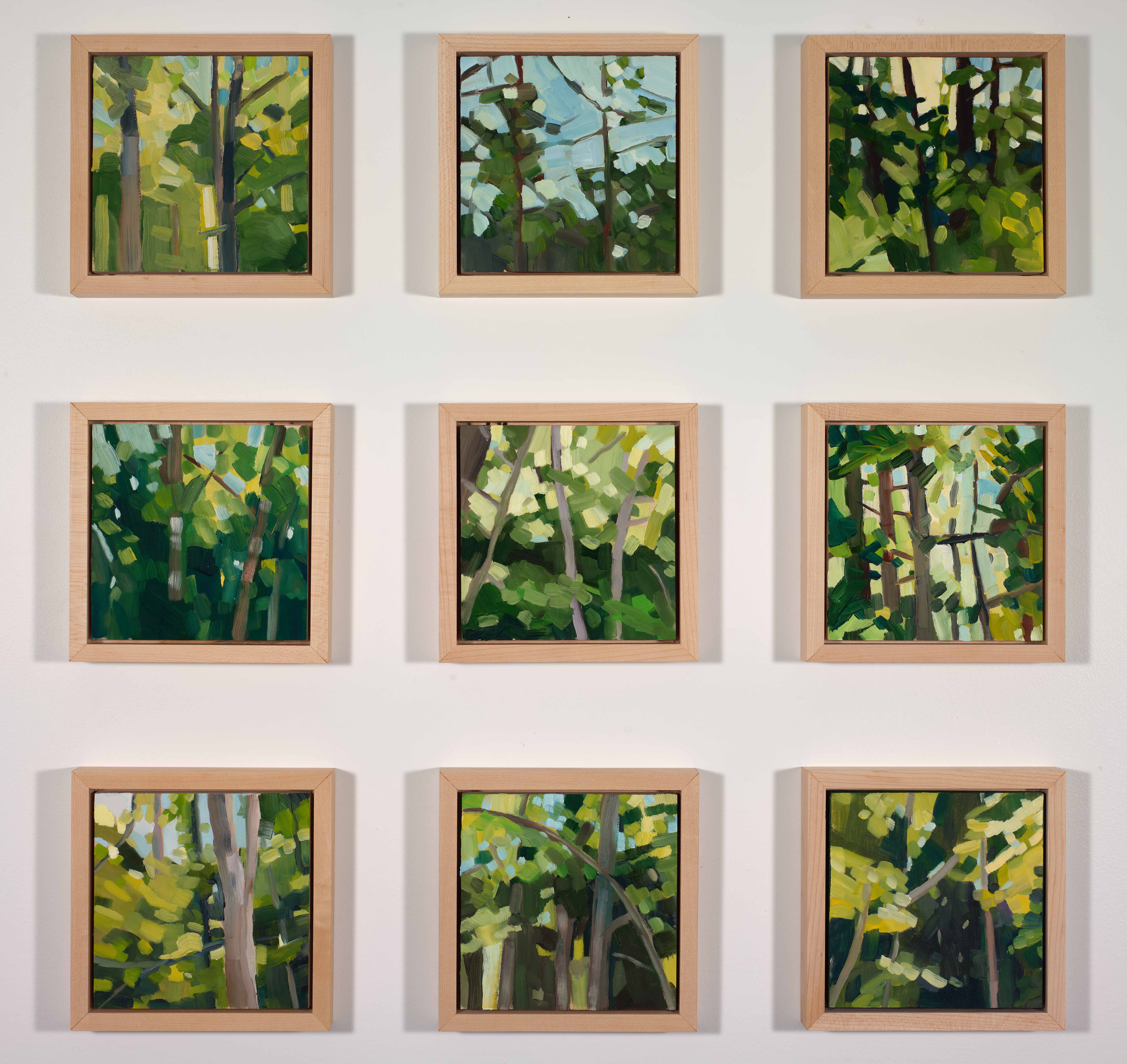 Forest Studies 1-9, 2025, oil on panel, 6 x 6 inches (each)