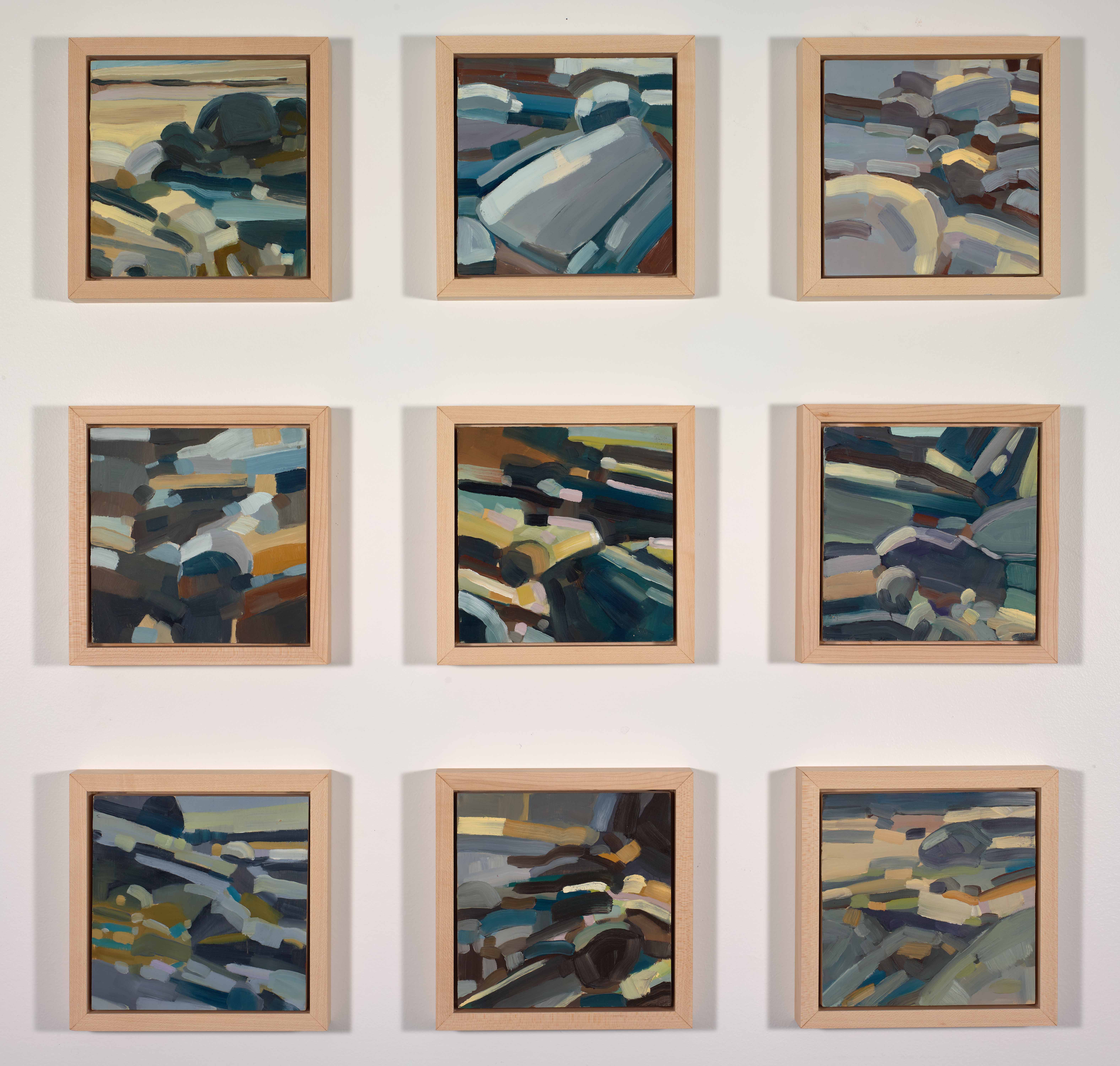 Rock Studies 1-9, 2025, oil on panel, 6 x 6 inches (each)