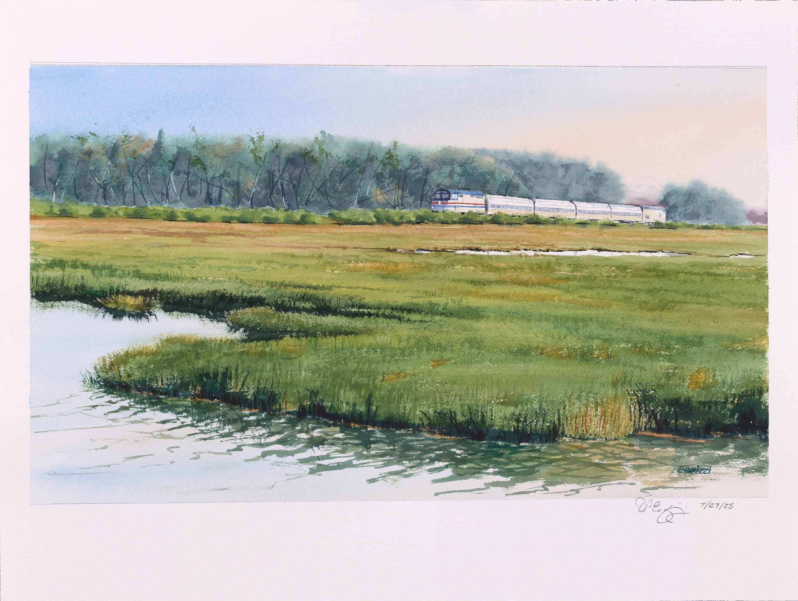 DON ENDRIZZI, Amtrak Downeaster on Scarborough Marsh, 2025, watercolor on paper, 18 x 24 inches