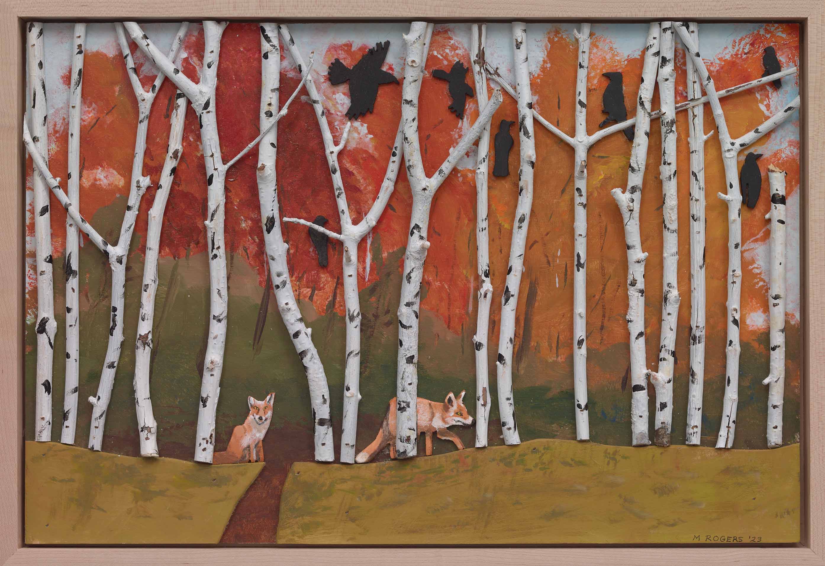 MAC ROGERS, Foxes Among Birch Trees, 2023, mixed media, 13.75 x 20 inches