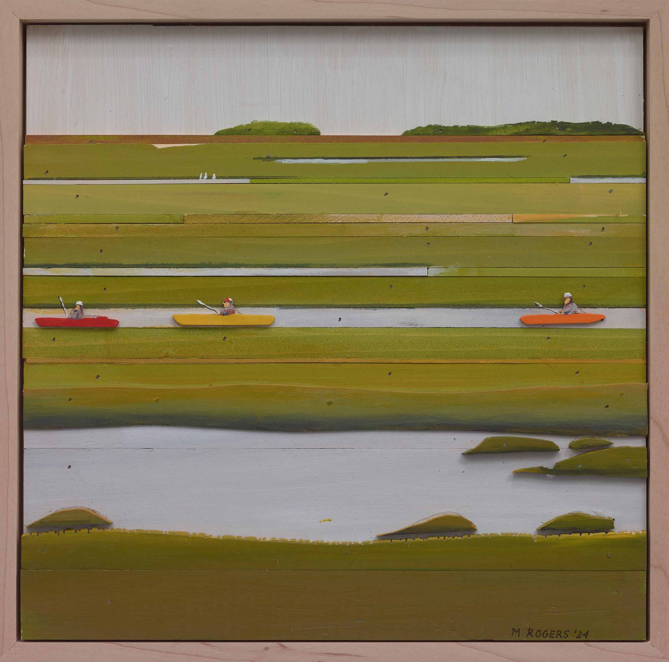 MAC ROGERS, Marsh Kayakers, 2024, mixed media, 14.5 x 14.5 inches