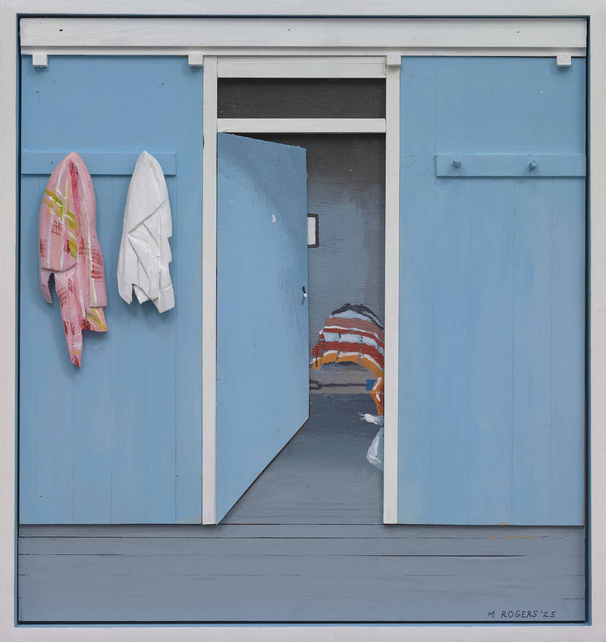 Beach Locker, 2025, mixed media, 17.5 x 16.5 inches