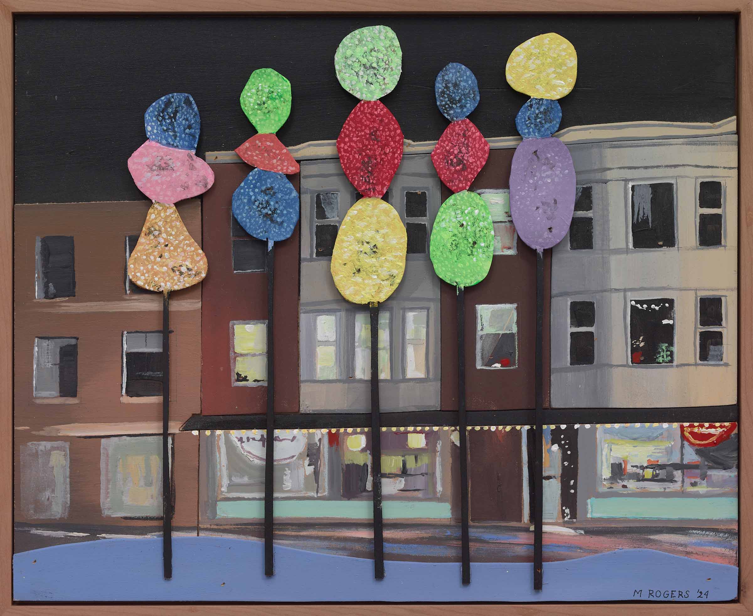 MAC ROGERS, Portland Night at Christmas, 2024, mixed media, 14.25 x 18 inches