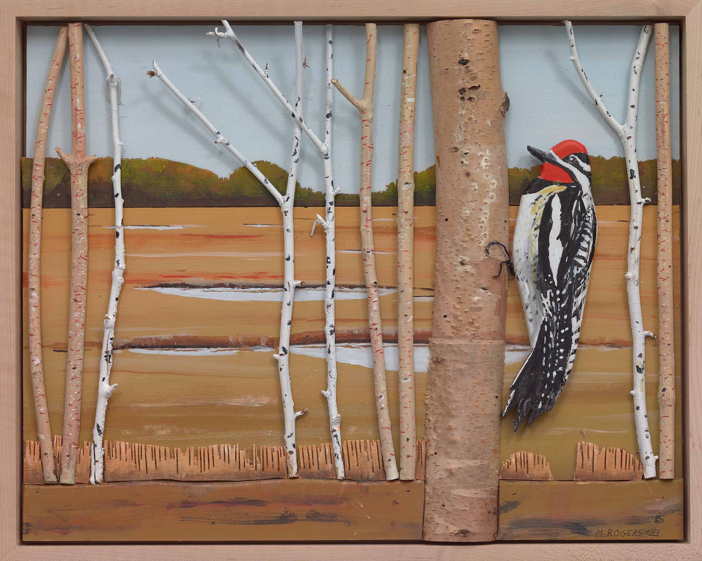 MAC ROGERS, Woodpecker, 2023, mixed media, 15.5 x 19.5 inches