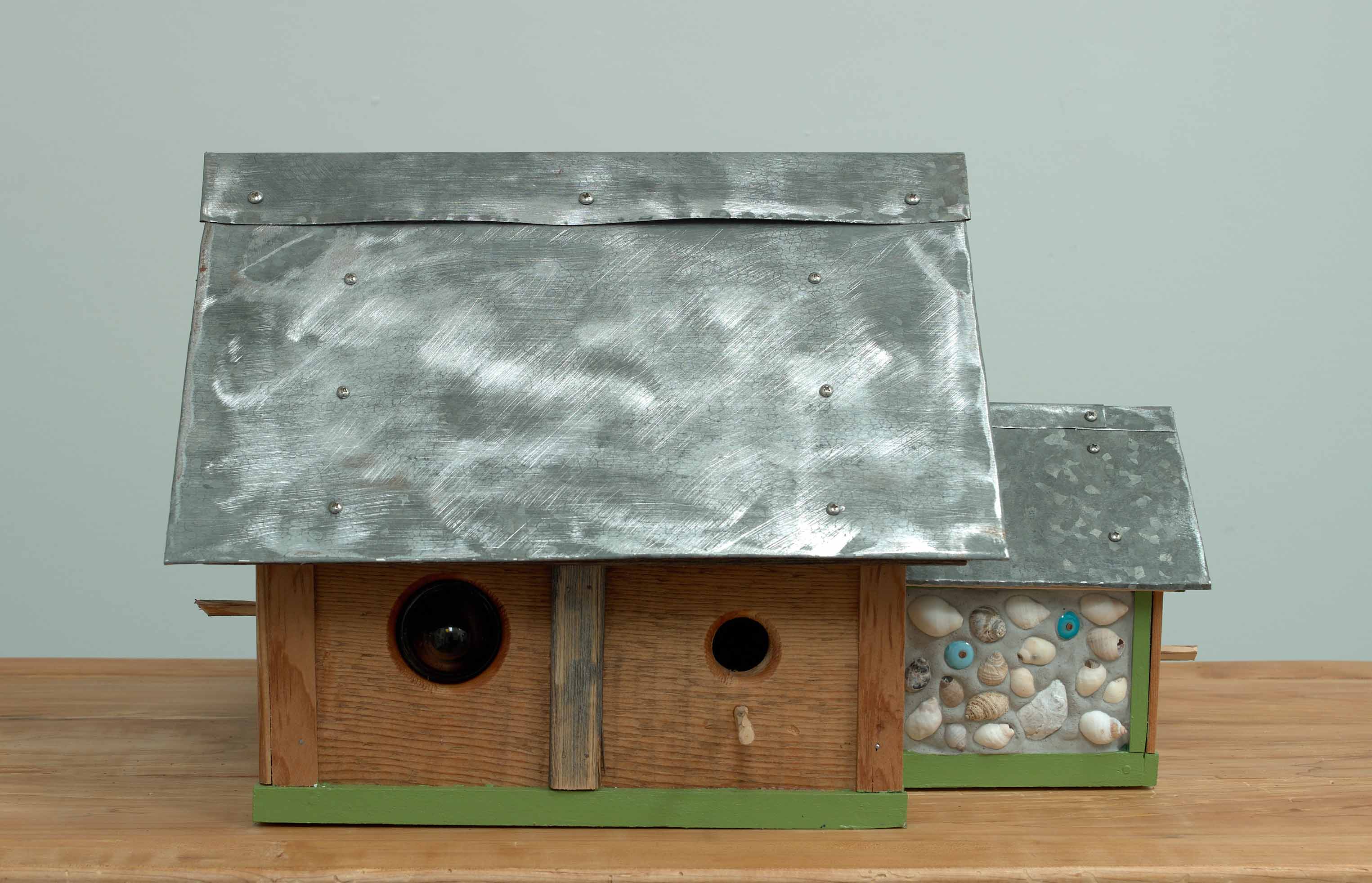 Home Sweet Home, 2024, wood, sheet metal and ceramic beach art, 12.75 x 15.5 x 21.25 inches