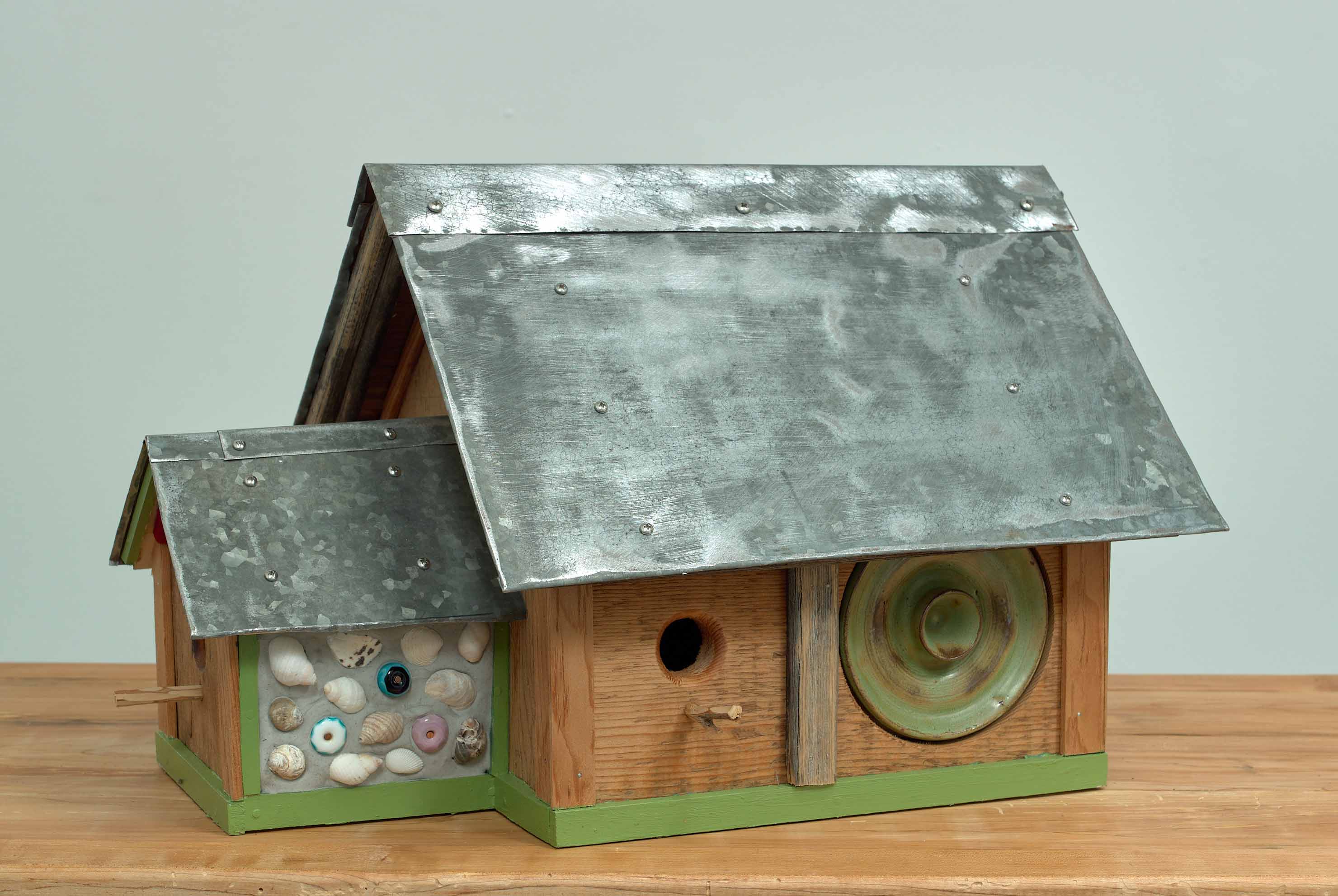 Home Sweet Home, 2024, wood, sheet metal and ceramic beach art, 12.75 x 15.5 x 21.25 inches