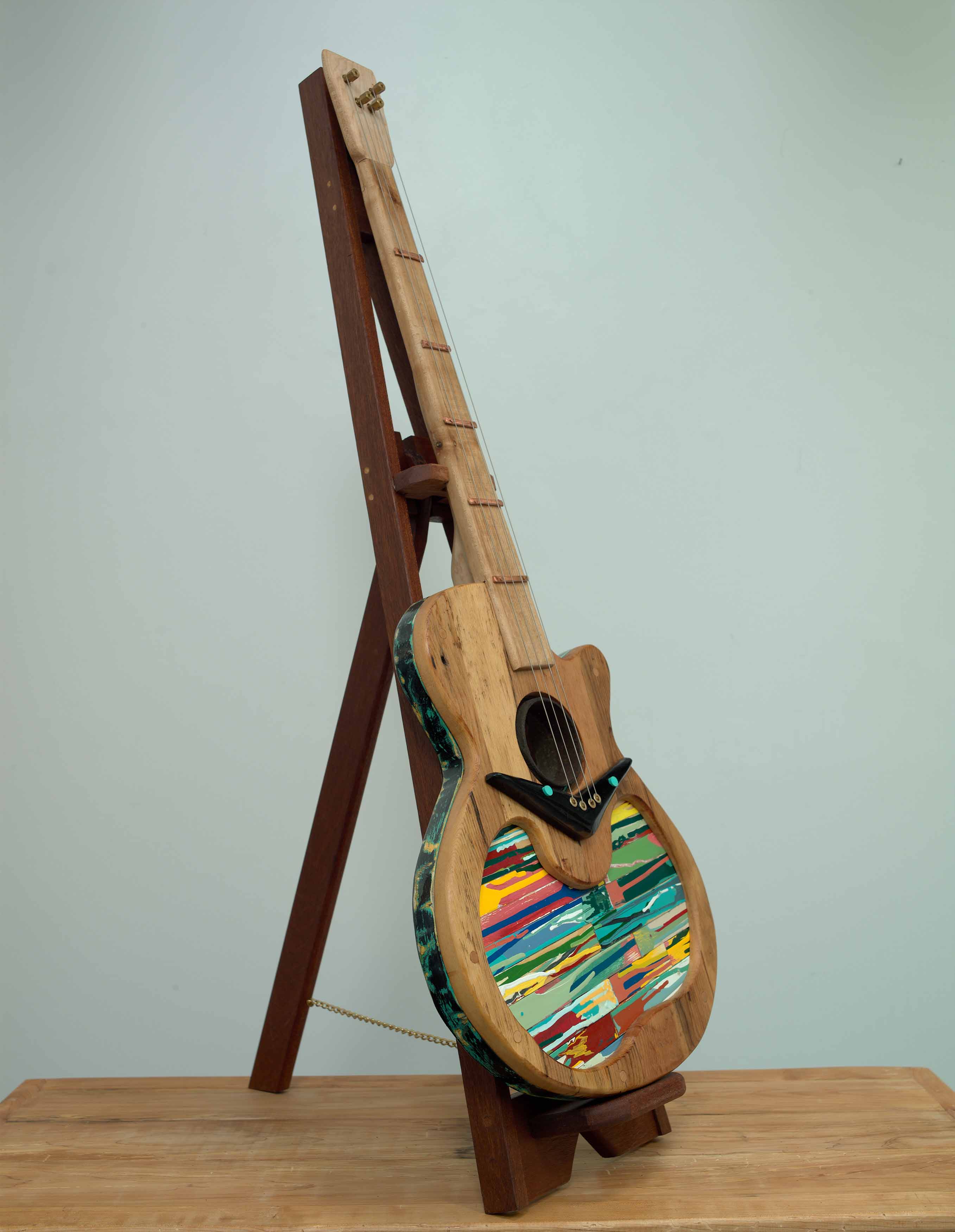 Air Guitar  2025, mixed wood, mixed metal, oil paint and paint sticks, 44.75 x 16 x 22 inches