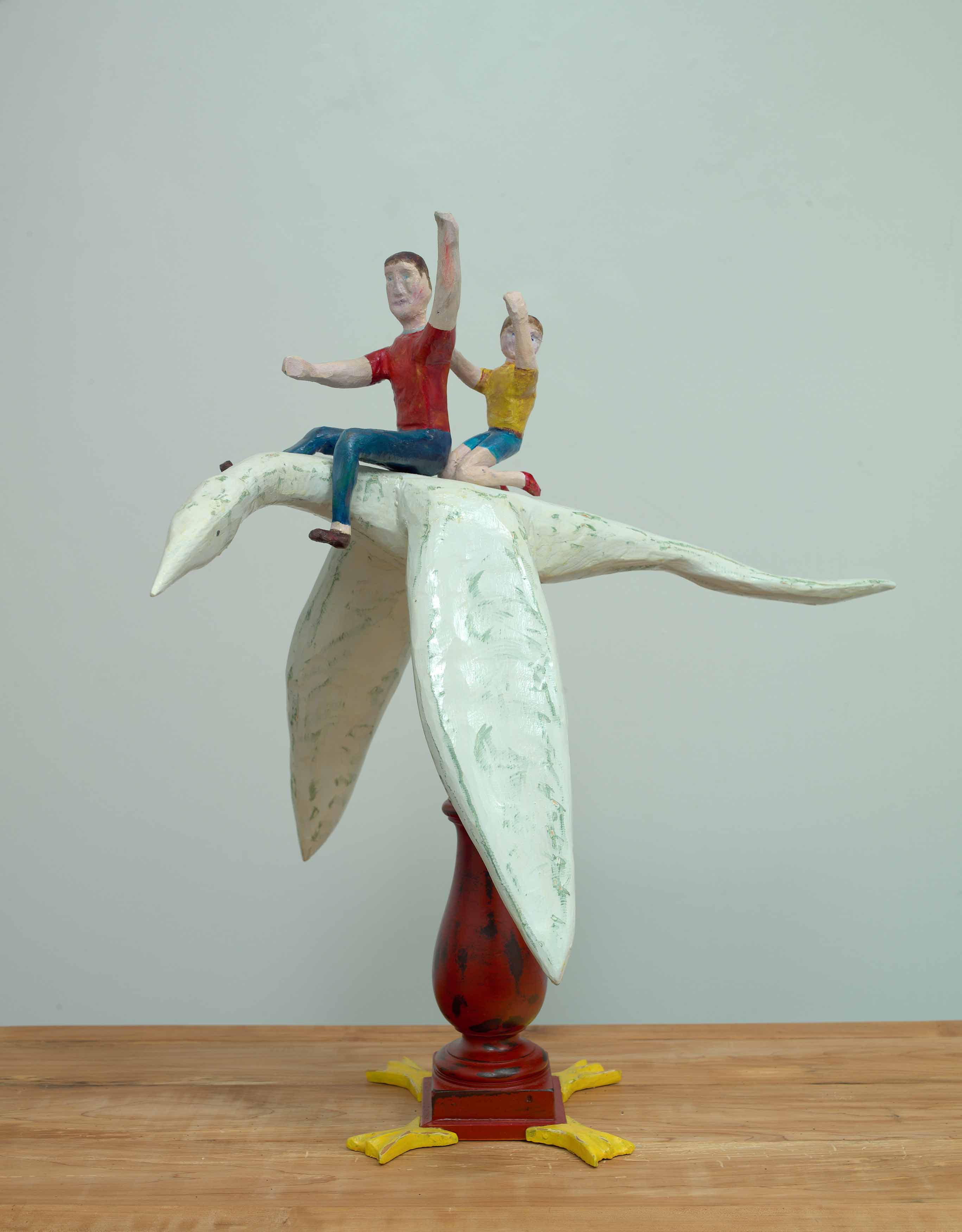JOHN ATTWOOD, Dream Flight with Dad, 2023, pine, auger bit and acrylic paint, 27.25 x 15.5 x 27.5 inches