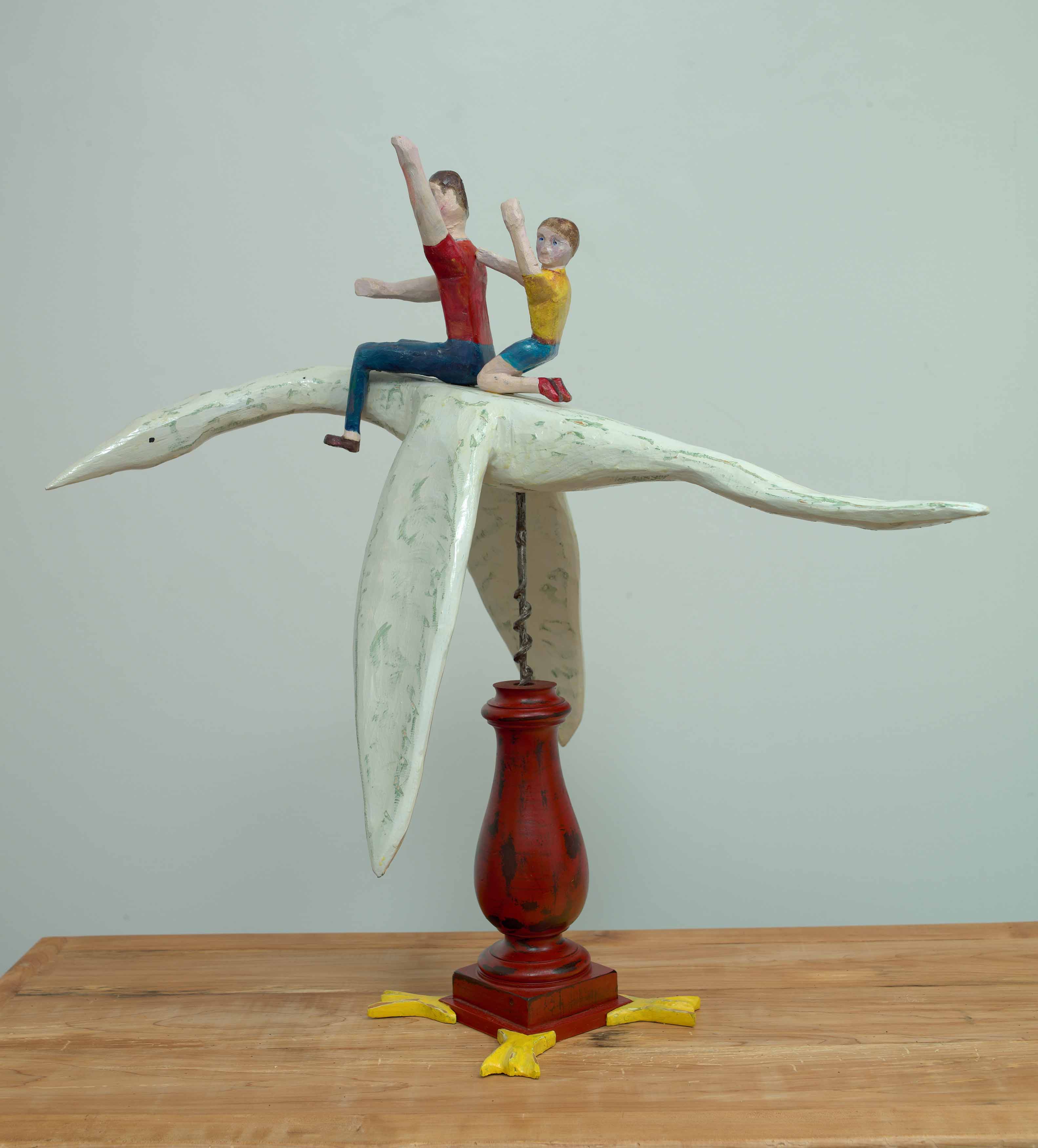 JOHN ATTWOOD, Dream Flight with Dad, 2023, pine, auger bit and acrylic paint, 27.25 x 15.5 x 27.5 inches