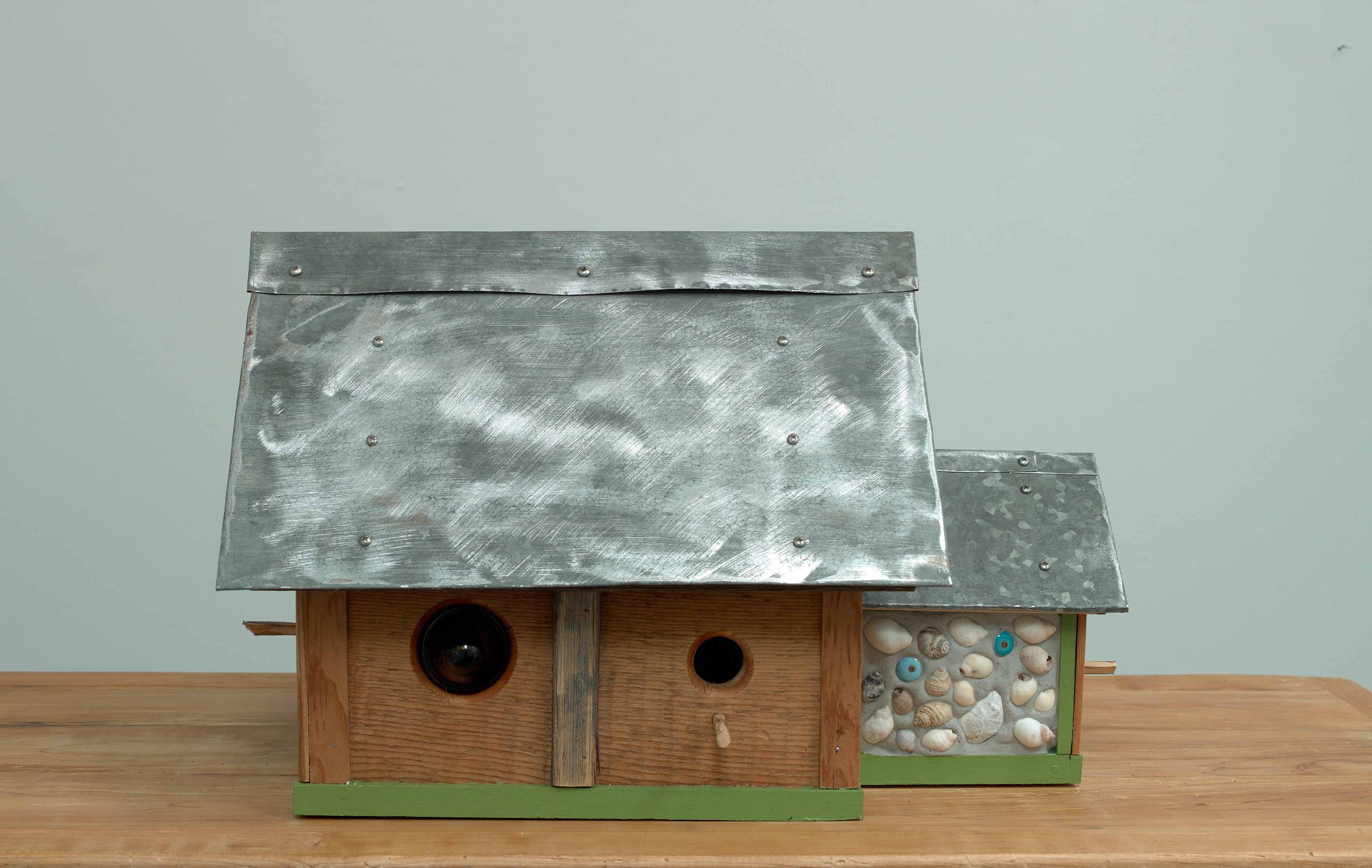 JOHN ATTWOOD  Home Sweet Home  2024, wood, sheet metal and ceramic beach art, 12.75 x 15.5 x 21.25 inches