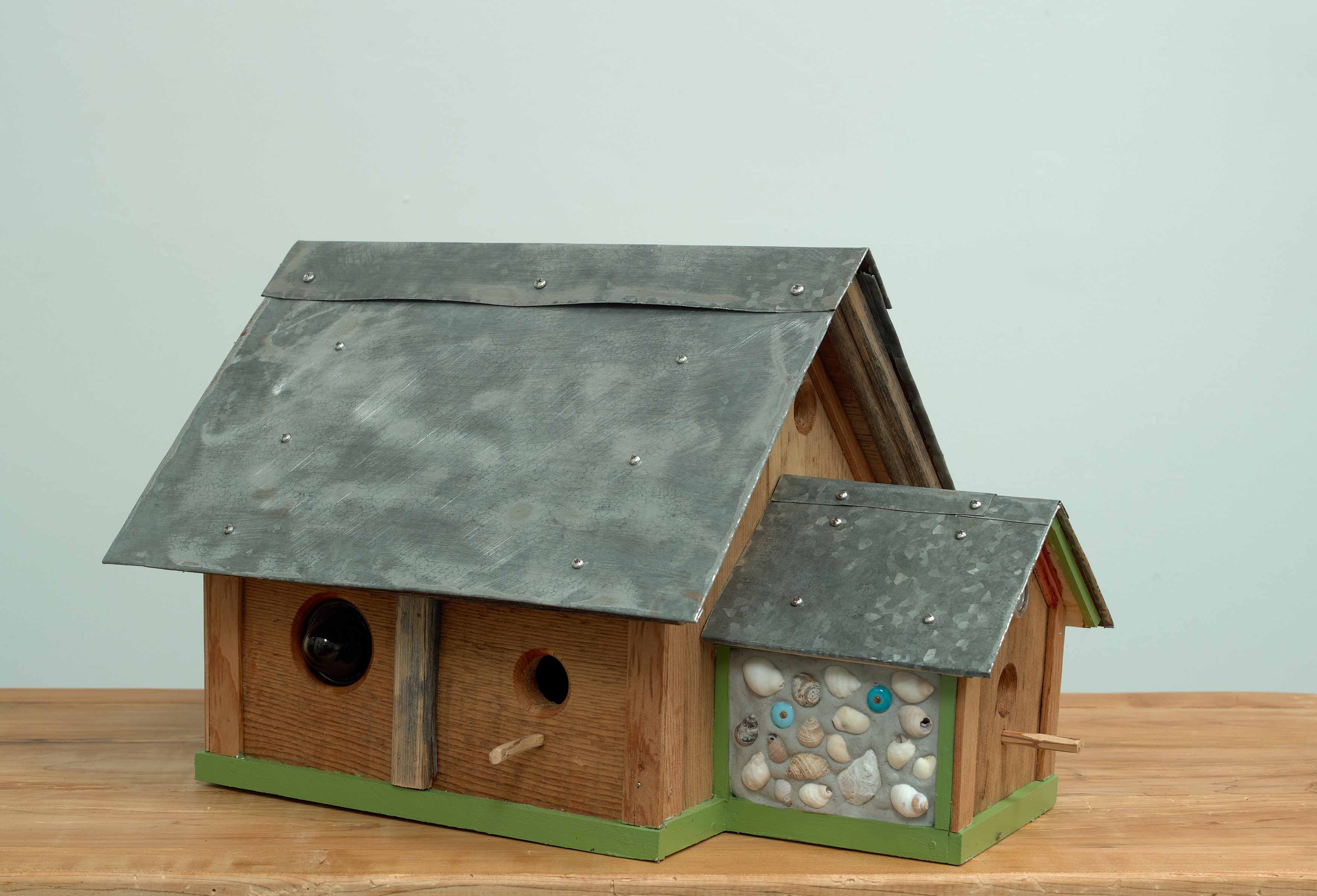 TWOOD, Home Sweet Home, 2024, wood, sheet metal and ceramic beach art, 12.75 x 15.5 x 21.25 inches
