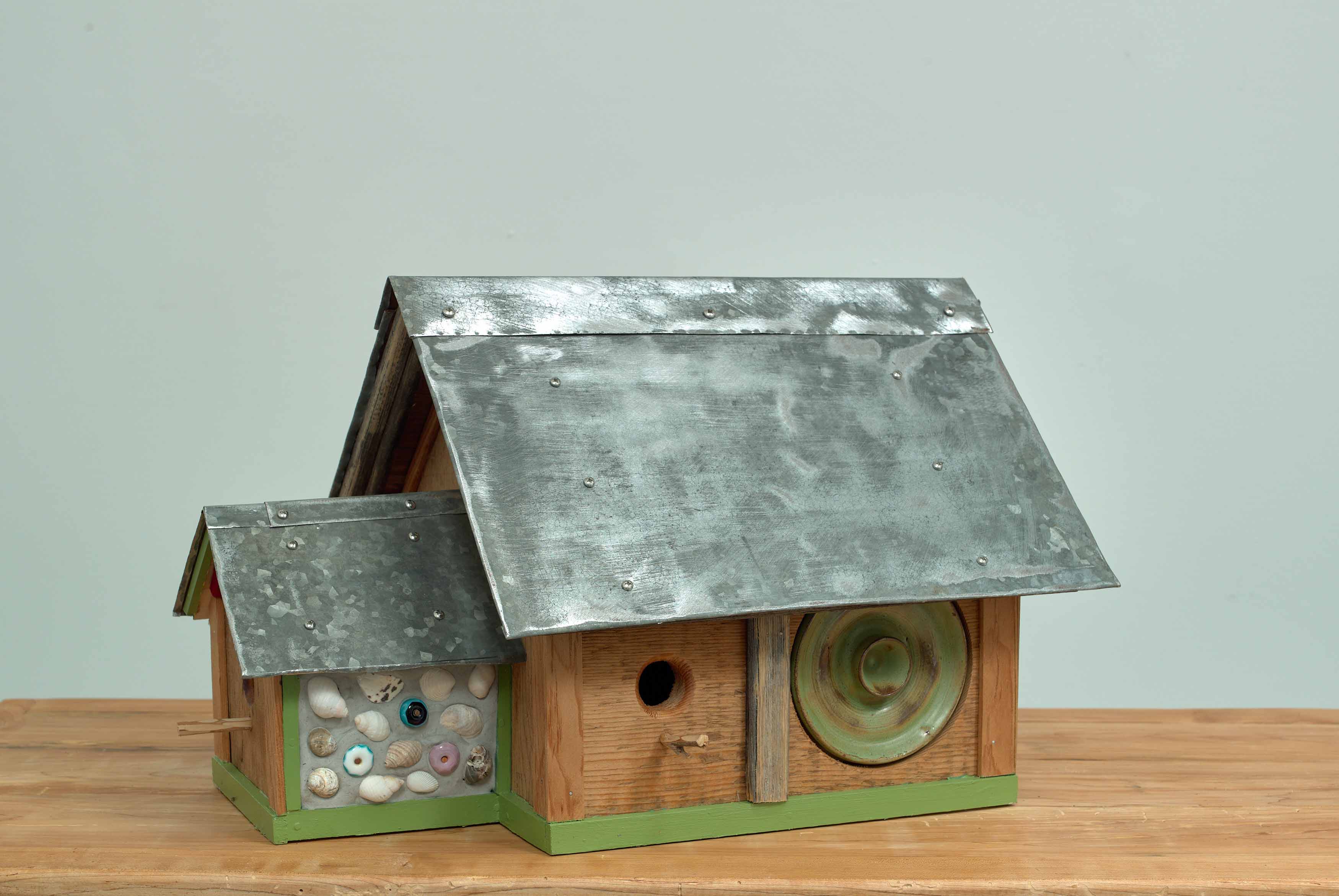 TWOOD, Home Sweet Home, 2024, wood, sheet metal and ceramic beach art, 12.75 x 15.5 x 21.25 inches