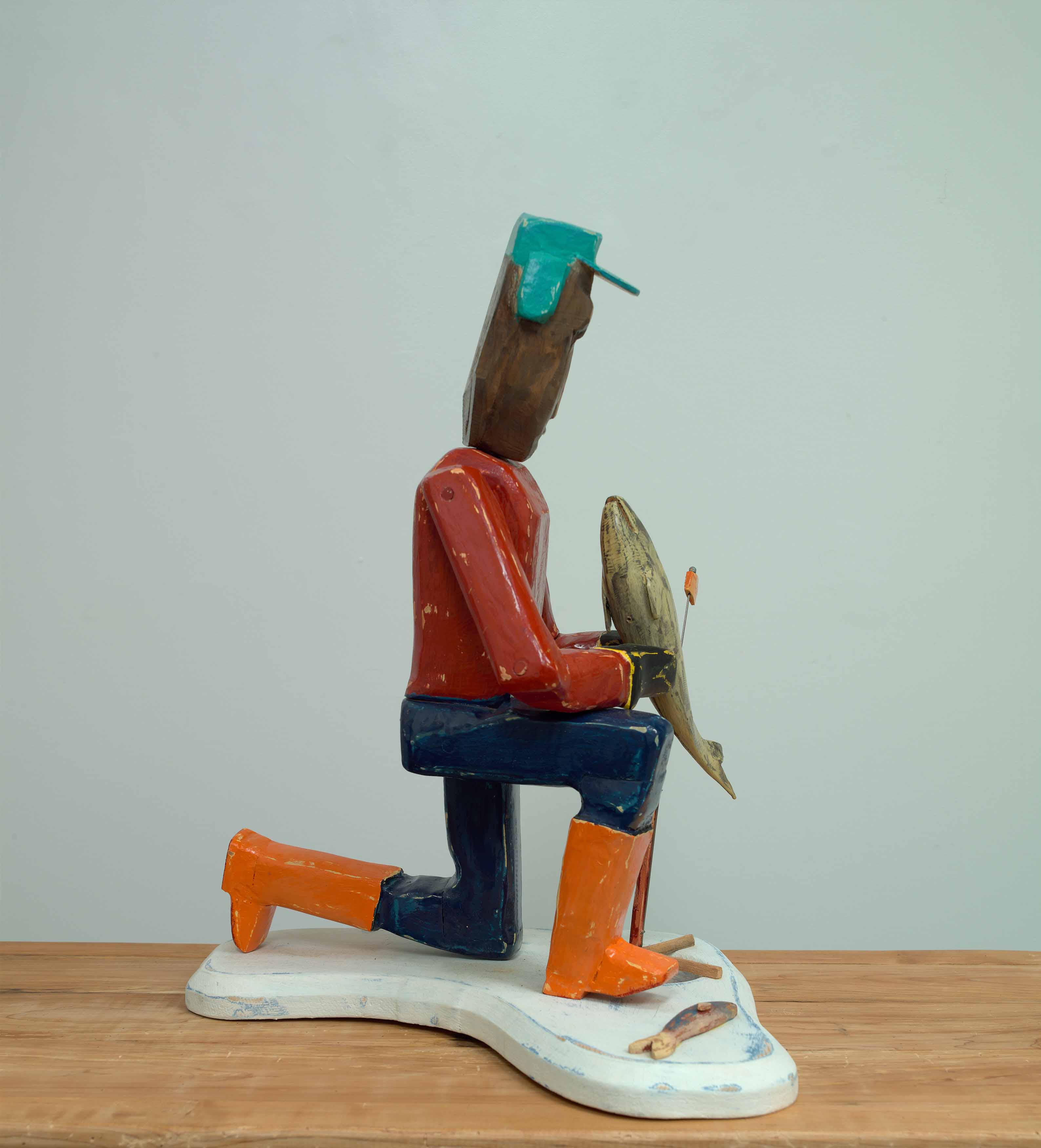 JOHN ATTWOOD  Lucky Catch  2022, pine and oil paint, 24 x 21 x 18 inches